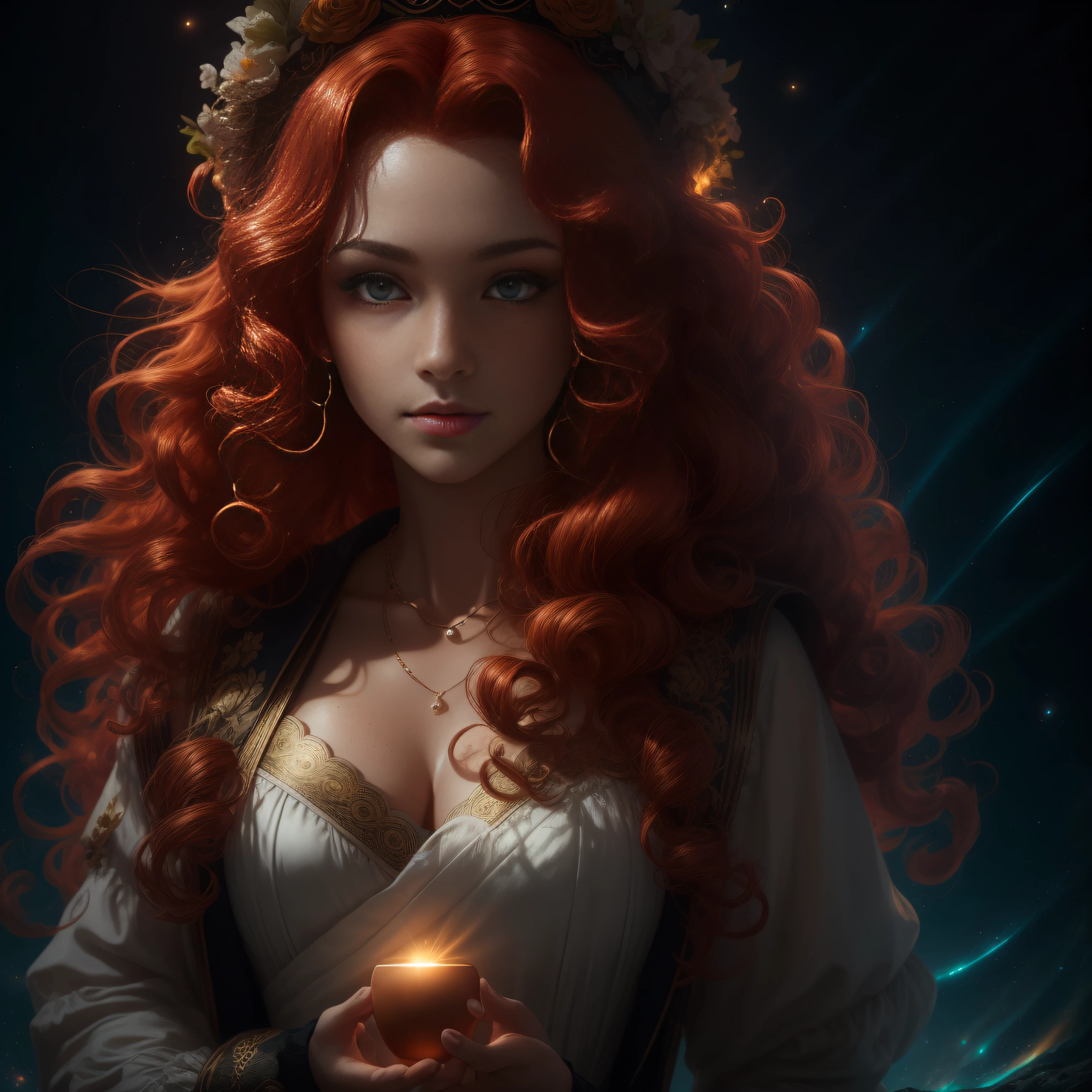(uma bela deusa da luz e da sabedoria), (cara fofa), (com sardas), (olhos azuis que refletem as estrelas), (((curly red hair that reaches her feet))), (suas roupas lembram a da deusa Atena), dresses worn in ancient Greece, her intellectual air as a philosopher, a soft smile with full lips, her body also has freckles, she wears jewelry in her necklaces and rings, renderizado, Luz e sombras marcadas, cores vibrantes e bem marcadas, Subsurface scattering, cinematographic, Photo Session, Fotografado na lente de 25mm, profundidade de campo, Tilt Blur, velocidade do obturador 1/1000, F/22, White balance, 32k, Super-Resolution, Por foto RGB, half rear lighting, luz de fundo, Dramatic lighting, incandescente, Soft lighting, volumetric, Dia do Conto, global ilumination, Global Screen Space Illumination, Scattering, Sombras, Rough, Cintilante, Lumen reflections, screen space reflections, Diffraction Grading, chromatic aberration, Deslocamento de GB, Linhas de varredura, Ambient occlusion, antialiasing, FKAA, TXAA, RTX, SSAO, Sombreadores OpenGL, Post processing, post - production, cell-shading, Mapeamento de Tons, ....cgi, VFX, SFX, Insanamente detalhado e intrincado, Hiper maximalista, elegante, dynamic pose, fotografia, volumetric, ultra-detalhado, detalhes intrincados, super detalhado, ambient –uplight –v 4 –q 2