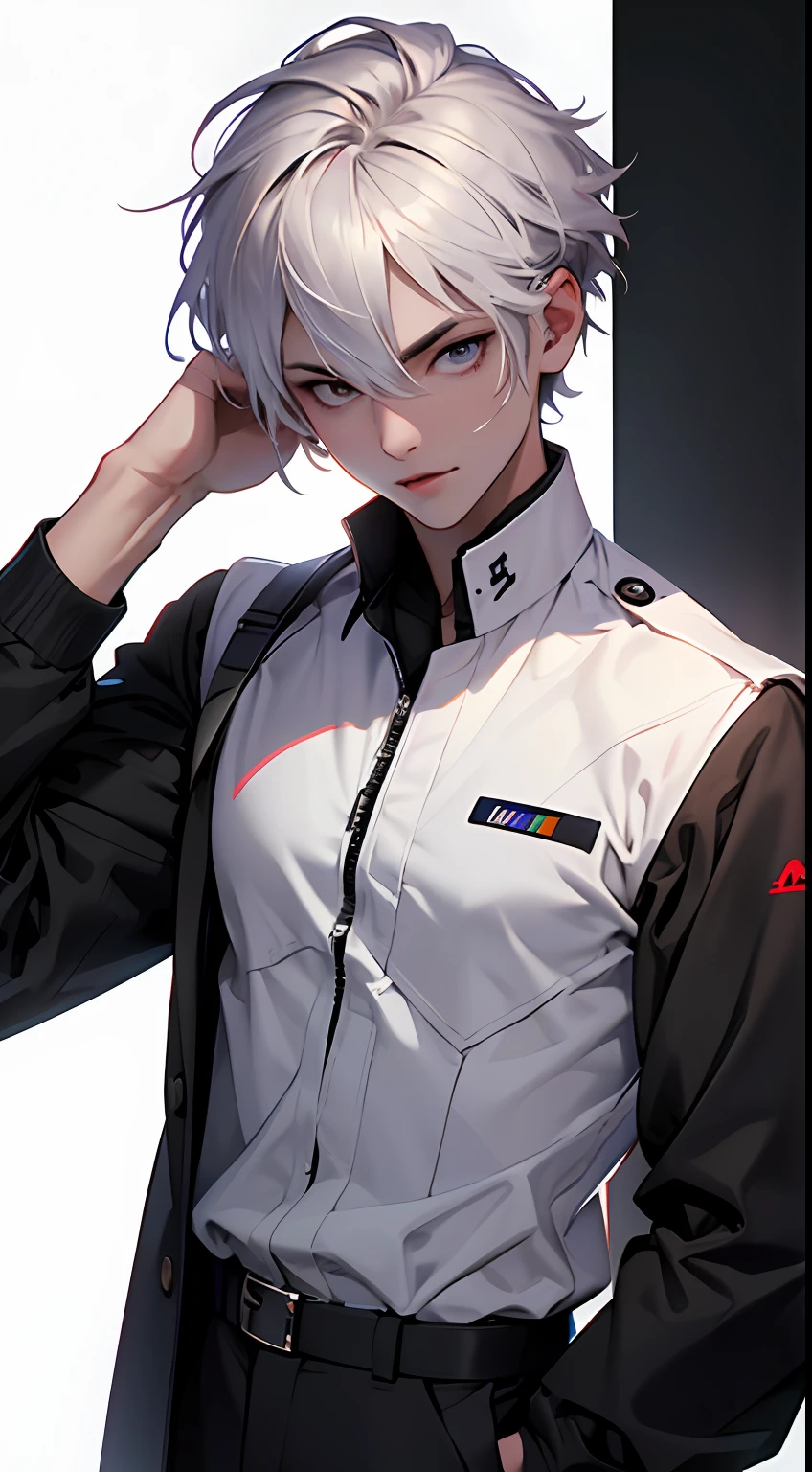 Cool boy,beautiful vintage color,Instagram(A high resolution:1.4),((Puffy eyes)),looking looking at viewer,,fullllbody(8K,RAW photos,Best Quority,a masterpiece of:1.2), photon maping, radiosity, physics based rendering, (paleskin:1.2),(Short Hair Hair,flathead:1.2), looking looking at viewer, (mid hair:1.5), Portrait,Purple pupils,(silber hair:1.1),By bangs,(simplebackground:1.4),独奏,Upper body body,photorealestic,(a masterpiece of:1.4),(Best picture quality:1.4),(skin fair),Mage Junior,(being thin,Mouth closing,Cold:1.3),(standingn,Black Stewardess Uniform,A Necromancer:1.1),Toned pectoral muscles,Fighting posture,