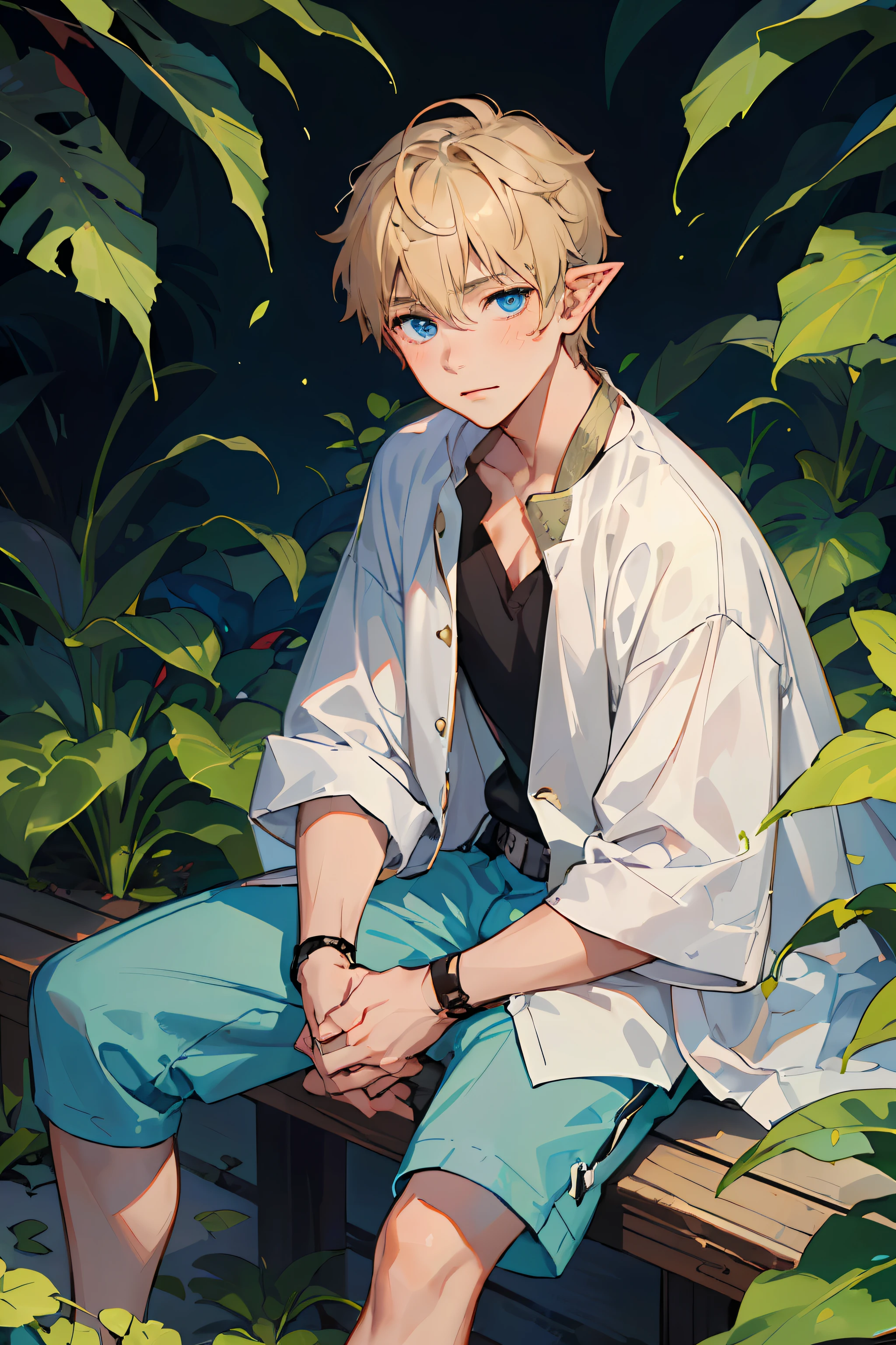 (AS-Young:1.7), (1boy:1.8), (male focus:1.2), (cute:1.7) solo, solo focus, masterpiece, ((exquisite_detail)), illustration, (handsome), extremely_detailed_CG, blue eyes, long blonde hair, blush, leaf clothes, leaf, looking at viewer, sitting down, (spread legs:0.9), (barefoot:0.9), cute boy, shorts, elf boy