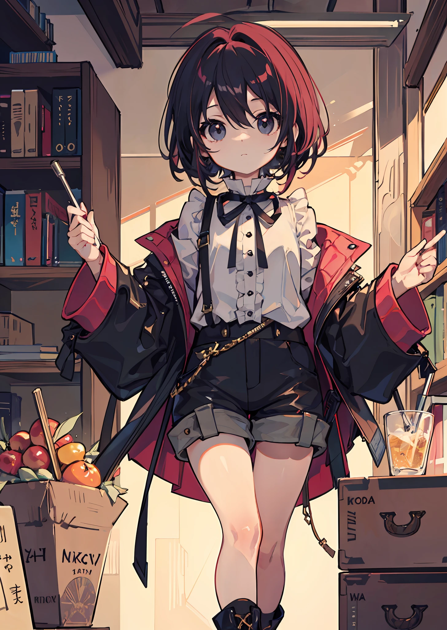 solo, alone, focus on character, calm face, (((shota))), boy, male, ((???)), child, aristocratic clothes, victorian clothes, victorian style, kodona, magenta, long sleeves, puffy long sleeves, stockings, boots, fantasy, medieval, spacious shorts, nikers shorts, library, black hair, tousled hair, shaggy hair, protruding hair, puffy hair, black eyes, 8k, HDR, 8k HD, hyper-detalied, detailed character, detailed eyes, detailed face, detailed eyes, dark, low light