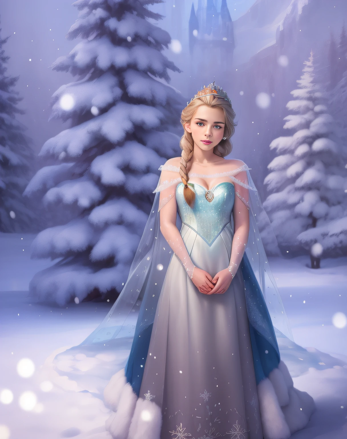 There is a young girl, dressed in a frozen princess costume, portrait of elsa of arendelle, portrait of elsa from frozen, beautiful Elsa, Elsa, winter princess, elsa from frozen, Elsa Frozen, disney photo realistic, photorealistic disney, emma watson as the queen of ice, ice princess, queen of winter, frozen klaus film, disney weta portrait, ice queen