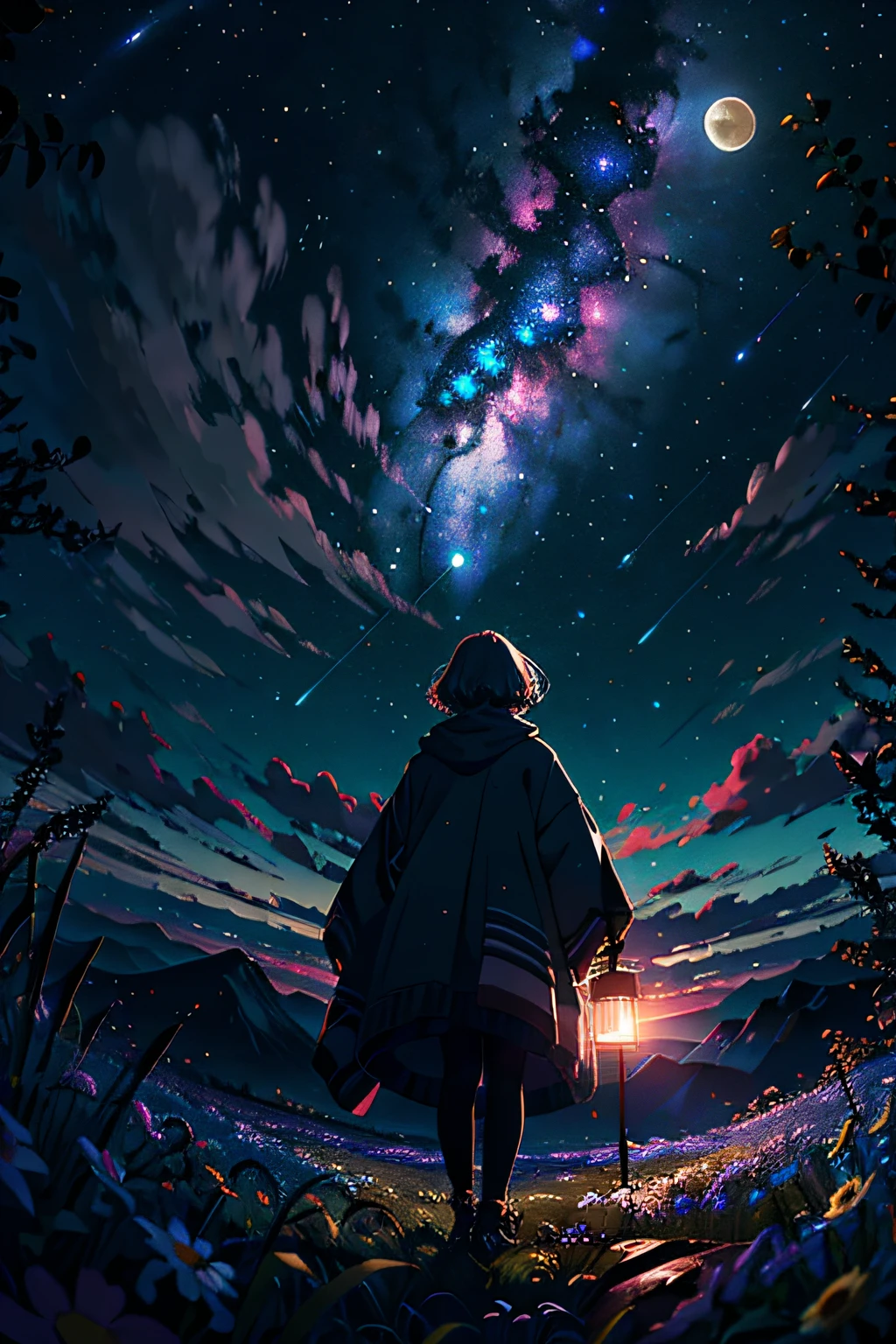 Expansive landscape photograph, (view from below with a view of the sky and the wilderness below), little girl standing in a flower field looking up, (full moon: 1.2), (shooting star: 0.9), (nebula: 1.3), distant mountain, tree break production art, (warm light source: 1.2), (firefly: 1.2), lamp, purple and orange, intricate detail, volume lighting BREAK (masterpiece: 1.2), (highest quality ), 4k, ultra-detailed, (dynamic configuration: 1.4), highly detailed and colorful details (iridescent: 1.2), (sparkling lighting, atmospheric lighting), dreamy, magical, (solo: 1.2)