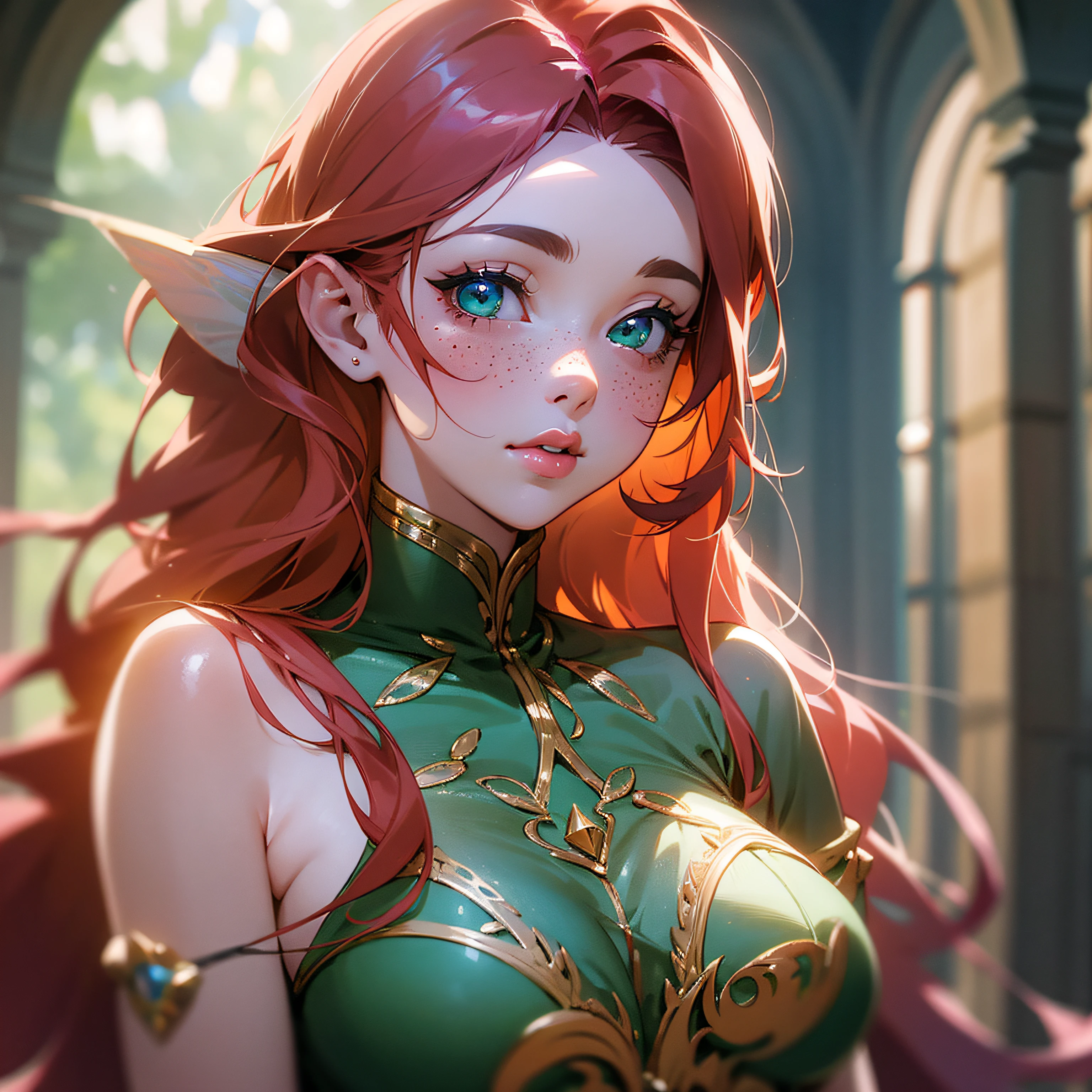 (uma bela deusa da luz e da sabedoria), (cara fofa), (com sardas), (olhos azuis que refletem as estrelas), (((curly red hair that reaches her feet))), (suas roupas lembram a da deusa Atena), dresses worn in ancient Greece, her intellectual air as a philosopher, a soft smile with full lips, her body also has freckles, she wears jewelry in her necklaces and rings, renderizado, Luz e sombras marcadas, cores vibrantes e bem marcadas, Subsurface scattering, –V 4