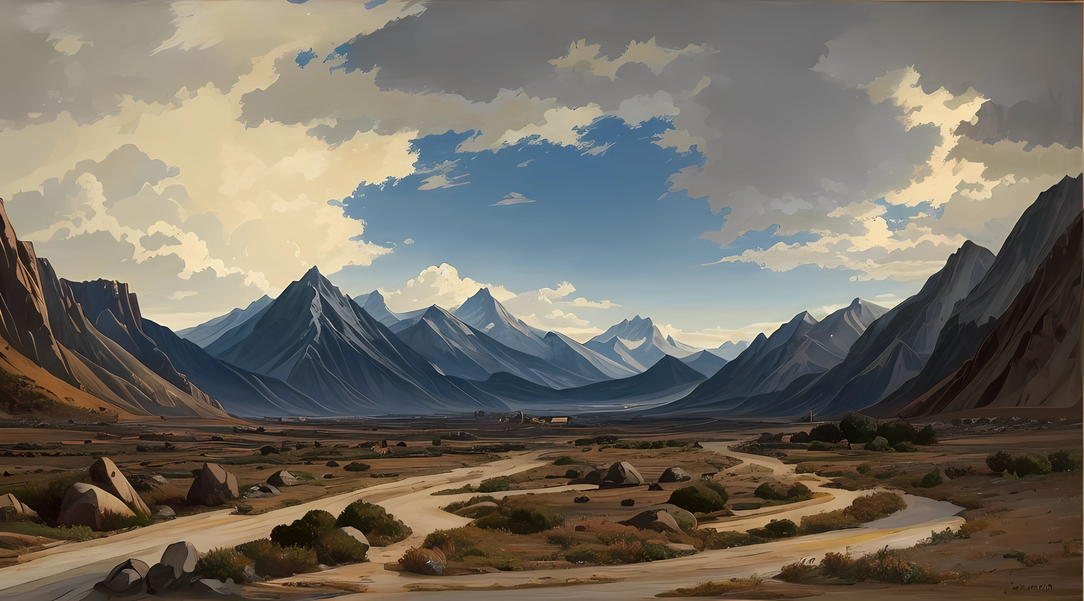 Obra prima real, Pintura fosca obra-prima, melhor qualidade, alta qualidade, extremamente detalhado CG unidade de papel de parede 8k, Uma cena noturna chuvosa, Dramatic, tinta escura, of mountains Trend in ArtStation, trend in CGSociety, intrincado, alto detalhe, dark and dramatic environment