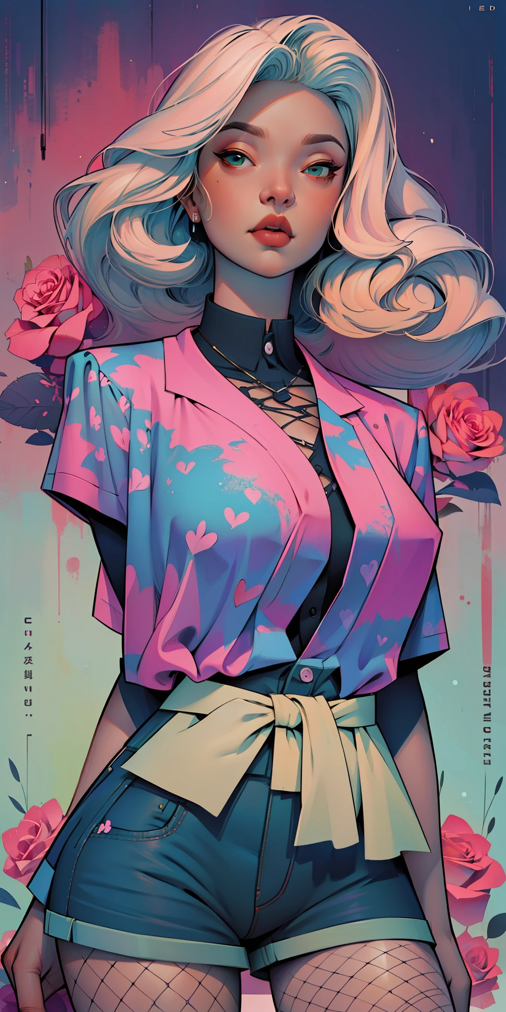 Background, In chic boho style, in a cafe, Ice cream print, multi-colored neon lights, neon garlands, rose hair, mixed-language_SMS, Japanese graffiti, (beautiful and clear background:1.2),, fantastic paintings ,graffit style, highly detail eyes , underwear, lace, latex, Pink, Purple, mint, Blue, Yellow, belve, lavender hair, Skull Print, skull tattoo, Loving, Love, ultra detail hair, Masterpiece, Best Quality, highly quality, A high resolution, detail enhancement, ((most beautiful image in the world)), Masterpiece, Best Quality, highly quality, A high resolution, detail enhancement, ((most beautiful image ), Shiny pink degrade hair, ultra short fitted Stampa Flores, Rollers, fishnet pantyhose, short denim shorts, art by stjepan sejic, art by j scott campbell, Artist Guillem March, art by citemer liu, 4k, A high resolution, comic book character, comic, high quality detailed, style of ::2.0 comix illustration style,tatoon style, highly quality, A high resolution, detail enhancement, 8K, HD, Best Quality, highly quality, A high resolution, detail enhancement, 8K, HDR, sharp-focus, Ultra Detailed, perfect lighting, Curvy Body, Lush breasts, Curvy hips