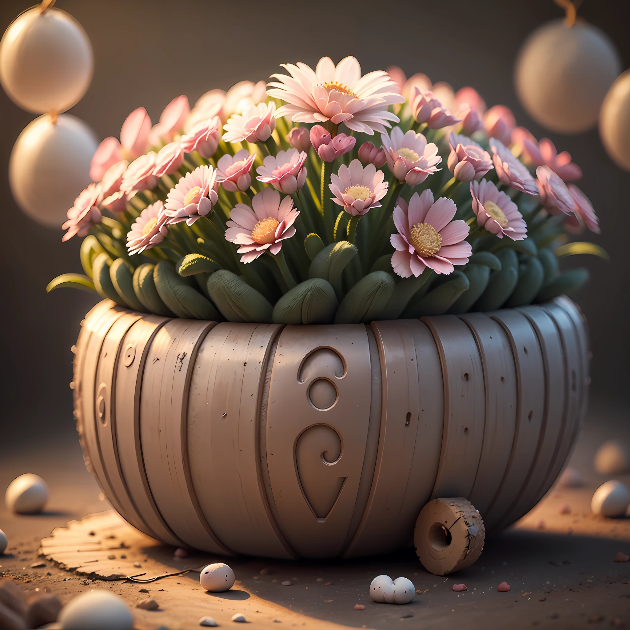 holding camera, tree_stump, flowers, adorable , fluffy, photorealistic, soft lighting,