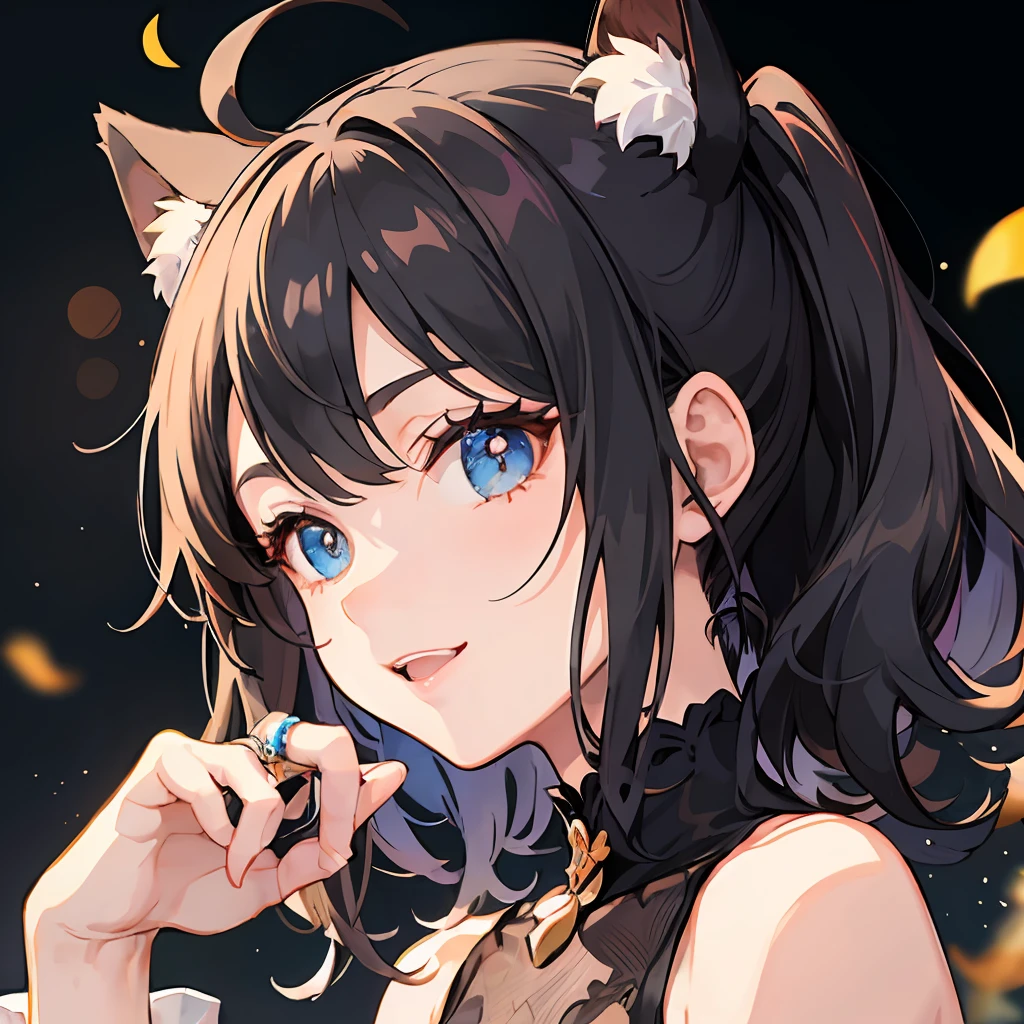 ((beste-Qualit))、((a masterpiece of))、((ultra-definition))、(illustratio)、(Fine light)、(Extremely delicate and beautiful)、(((独奏)))、1 girl in、(((beautiful a girl)))、opened mouth、a smile、(Black-haired), (Black cat ears), (Ahoge), (absurdly short hair), (Maeby Hair), (Blue eyes),Fashionable background、Ring on left ring finger、poneyTail、