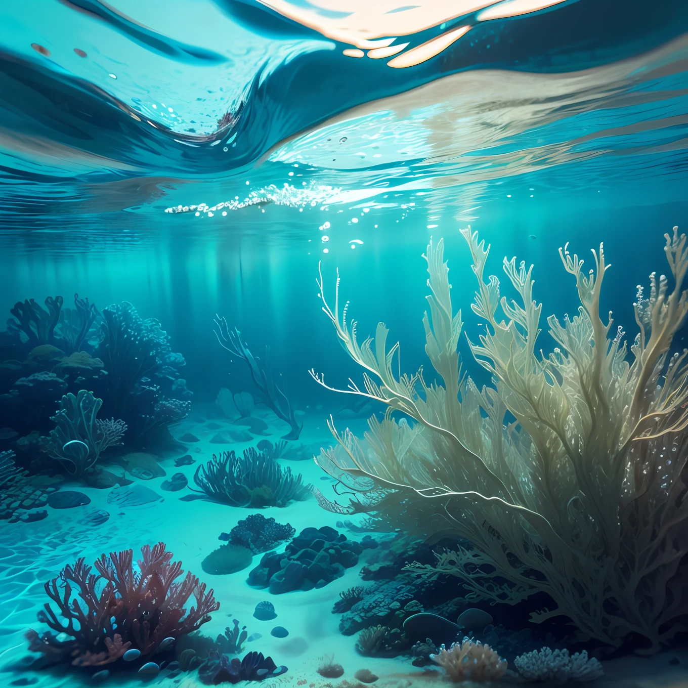 (underwater landscape:1.5),Melhor qualidade,ultra-detalhes,crystal clear waters,elevado contraste,small underwater animals,(algas verdes+coral:1.2+peixe tropical), dynamic light,dynamic position,plano geral. --auto
