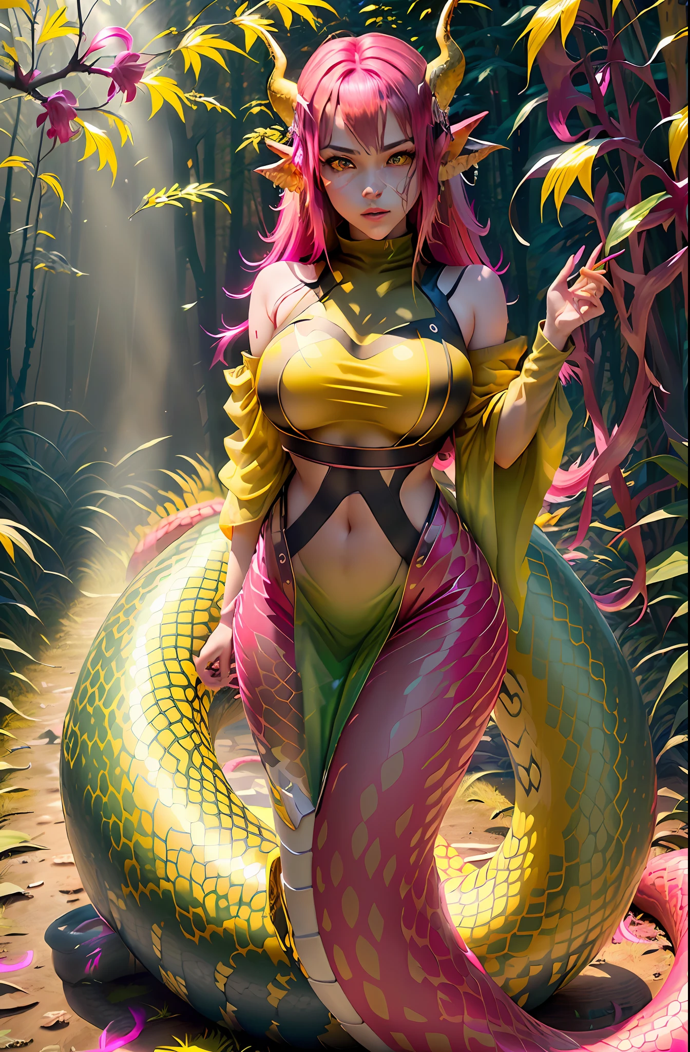 detailed snake skin, (Adult), solo focus, (lamia), stoic, monster girl, red horns, wide hips, beautiful eyes, beautiful background, abandoned cabin, forest, light particles, sun rays, dramatic lighting, outside, grass, leaves, shiny (yellow, fuchsia, green gradient:1.5), realistic, masterpiece, best quality, ultra-detailed, detailed, scenery, beautiful detailed eyes, detailed hair,