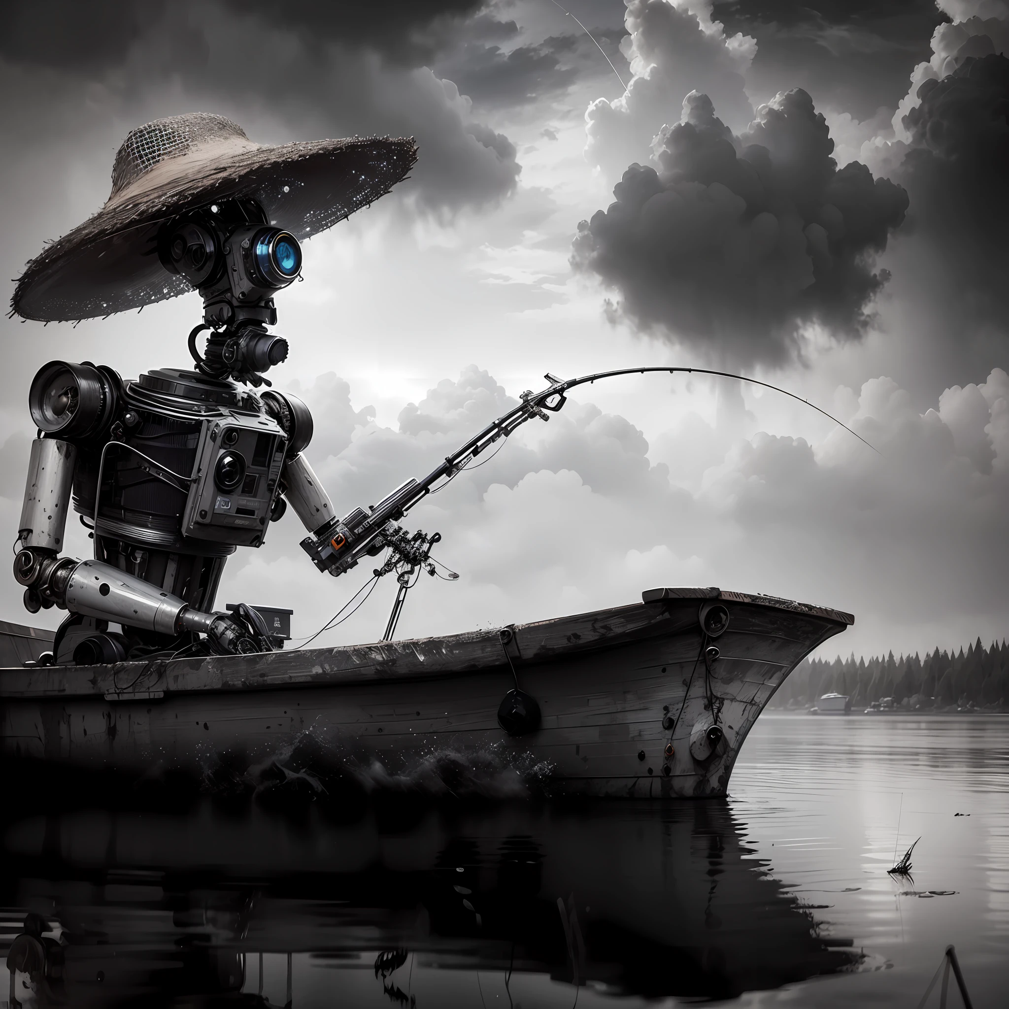 Robot Arafed on a boat with a fishing rod and a hat, the robot has a fishing rod, inspirado em Grzegorz Domaradzki, Arte digital surrealista, inspirado em Wadim Kashin, scifi gadgets in a pond, Por Andrey Ryabovichev, Por Andrei Riabovitchev