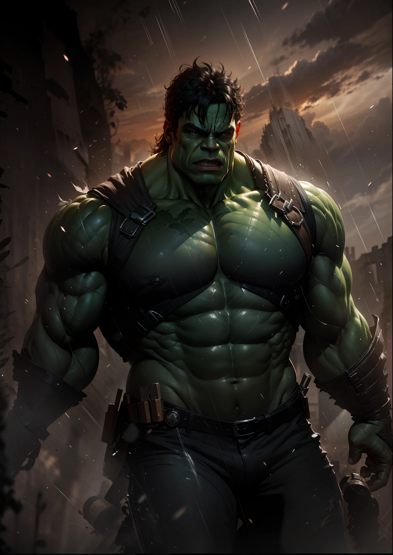 hulk, músculoso, rosto altamente expressivo e detalhado, olhando para o espectador, chuva intensa, unreal engine 5, 8k.
