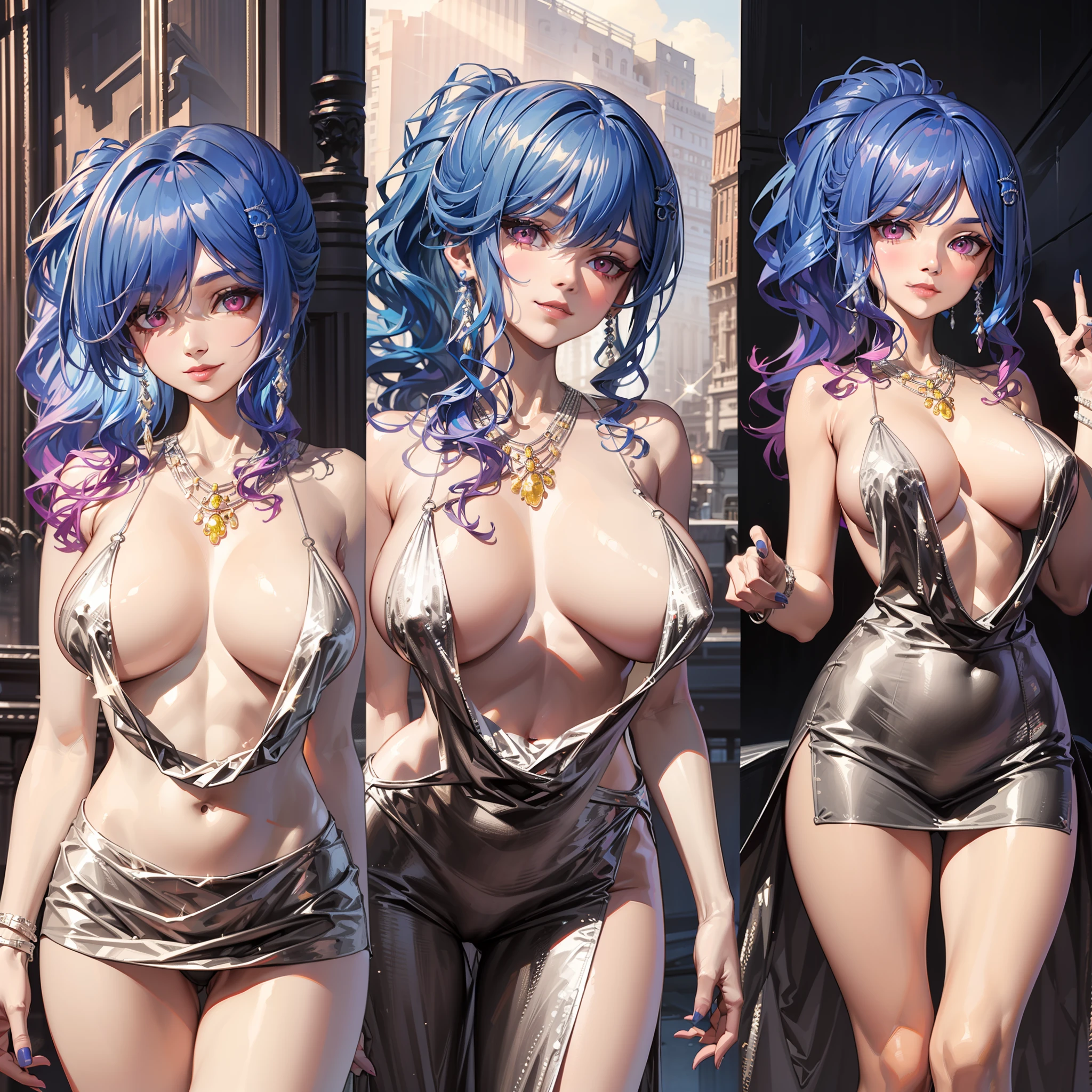 ((Best Quority, 8K, a masterpiece of:1.3)), focal point:1.2, perfect figure beautiful woman:1.4, Cocked buttocks:1.2, ((Hairstyle Random, 鎖骨:1.2)), (short  skirt:1.1) , (Rain, street:1.3), Highly detailed facial and skin texture, detailed eye, 双眼皮，Whiten skin，length hair，ssmile,the Long legs:1.5，fullllbody:1.5，Optimal proportions of four fingers and one thumb，smiley face，Face texture:1.3，sun beam，夏天，鎖骨，Beautiful  eyes，Real face，authentic skin，photorealiscic face，Realistic skin，Detailed eyes，detailedfacialfeatures， detailed clothes features，detailed face with，hugetits，Blush，Three goddesses