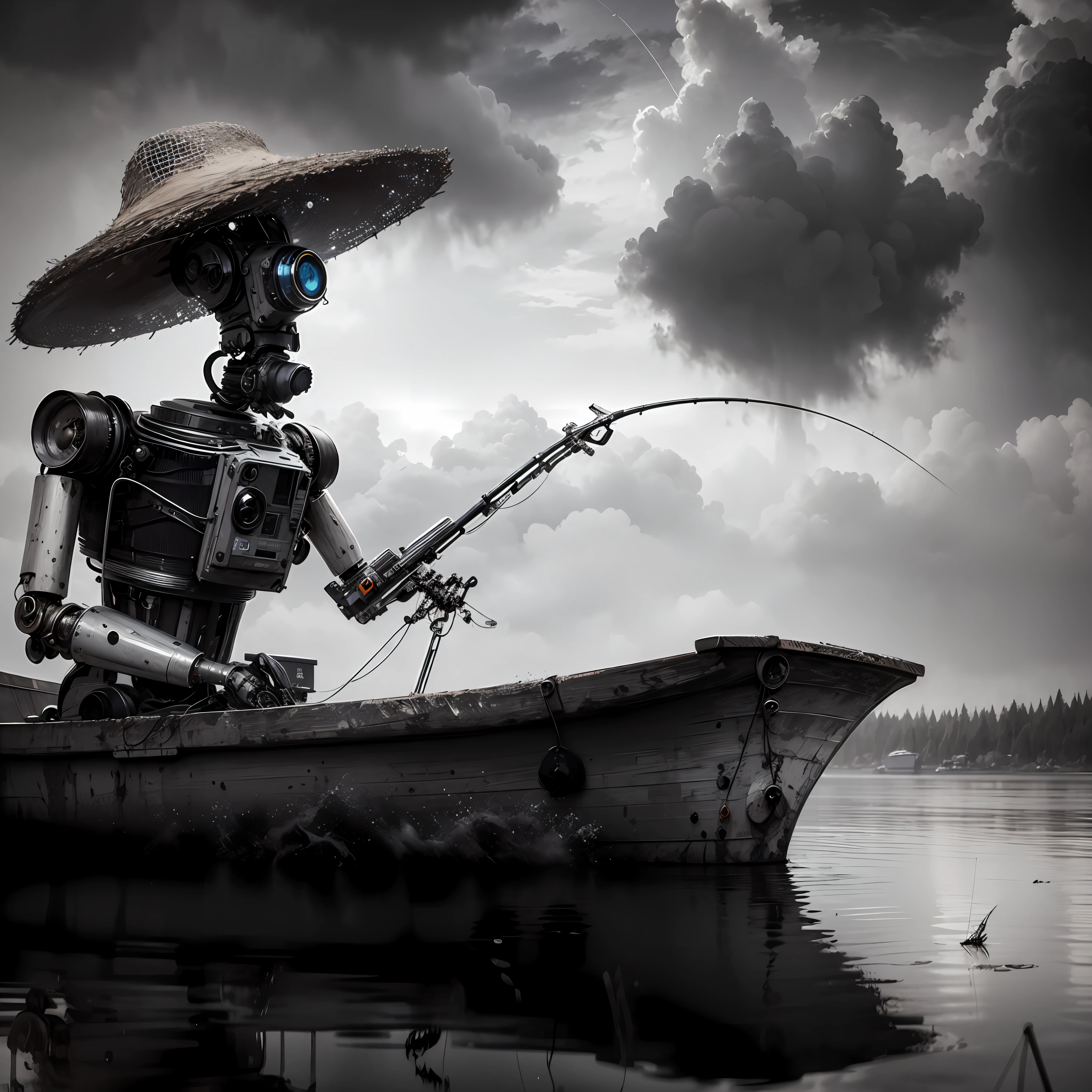 Robot Arafed on a boat with a fishing rod and a hat, the robot has a fishing rod, inspirado em Grzegorz Domaradzki, Arte digital surrealista, inspirado em Wadim Kashin, scifi gadgets in a pond, Por Andrey Ryabovichev, Por Andrei Riabovitchev
