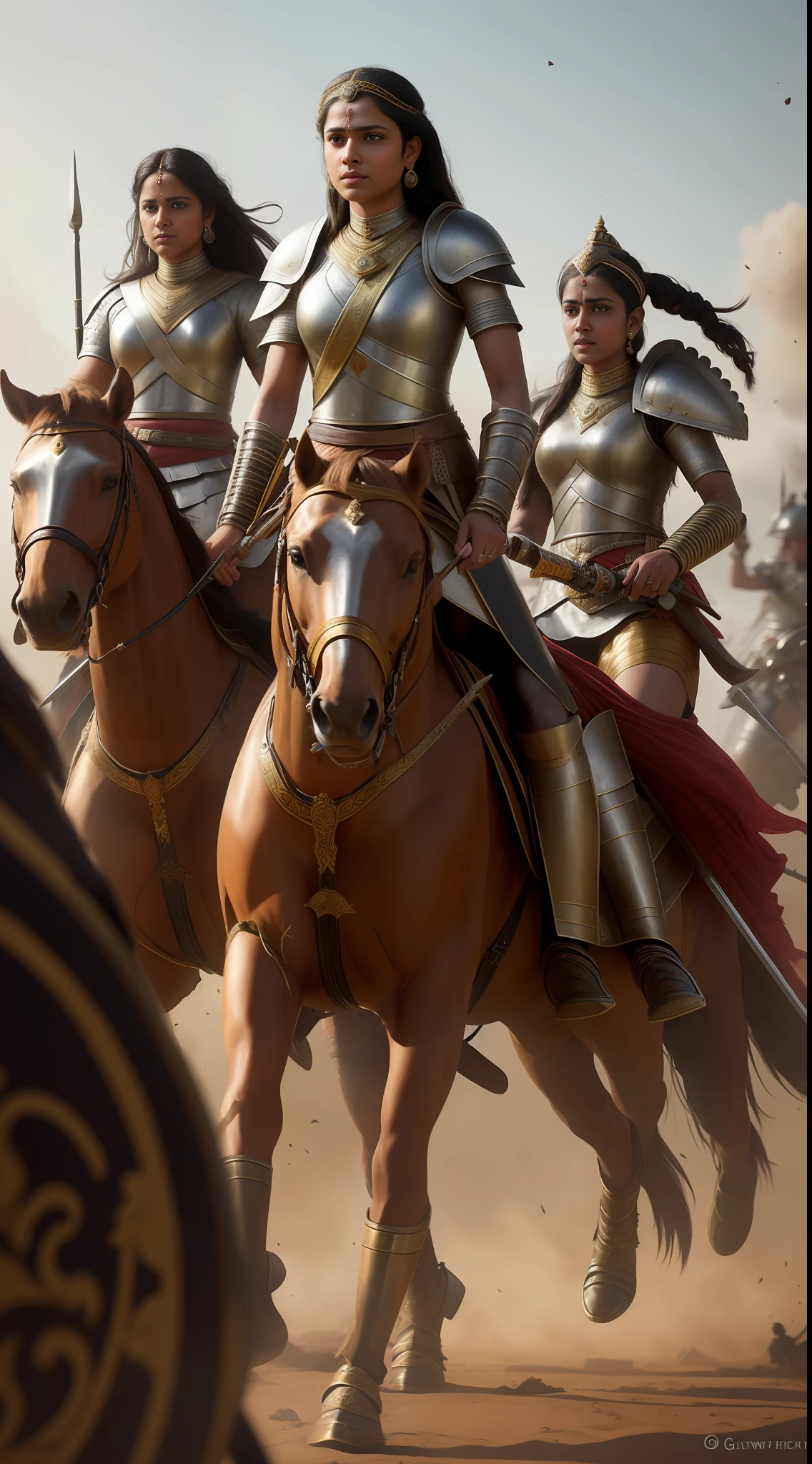 (realistic style) 18th-century india battle armor, (dramatic image) of warrior queen Rani Velu Nachiyar and her female warriors, clashing with British soldiers, (dynamic action) in the battlefield, (highly detailed) and realistic portrayal by Greg Rutkowski.