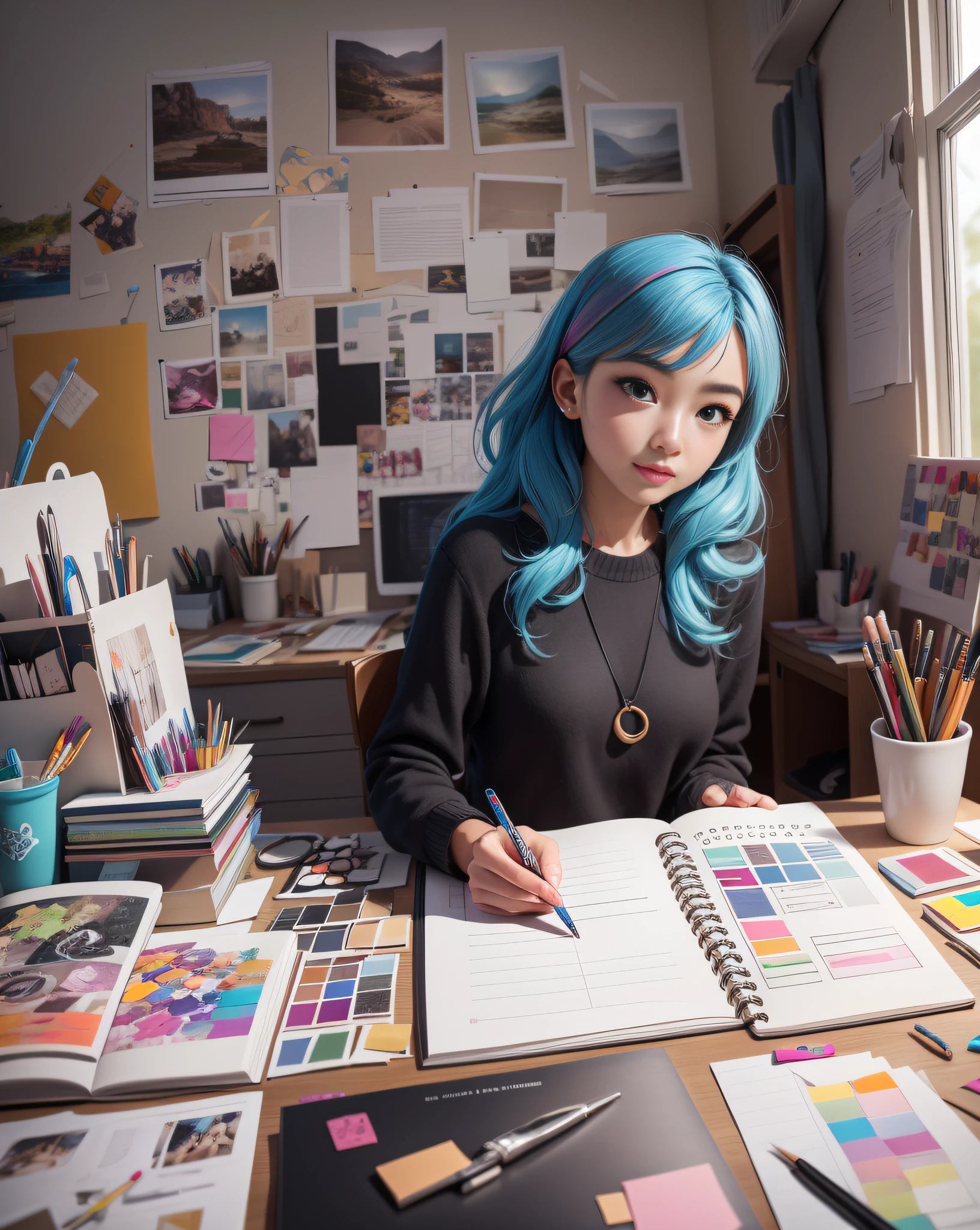 Creative designers bring ideas to life in creative studios。She is surrounded by colorful colors and tools in an environment、Passionate。
Her face is focused.、There is a light wrinkle between the eyebrows.、At the same time it has a look full of creativity and charm。I think。
Her hand moves ahead、Using design tools、Do concept sketches and design challenges.。She's surrounded by sketchbooks and colourful materials full of creative inspiration.。
