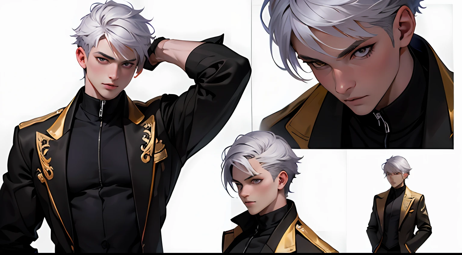 Cool boy，beautiful vintage color，Instagram（A high resolution：1.4），（（Puffy eyes）），looking looking at viewer，，fullllbody（8K，RAW photos，Best Quority，a masterpiece of：1.2）， photon maping, radiosity, physics based rendering, (paleskin:1.2),(Short Hair Hair，flathead:1.2), looking looking at viewer, (mid hair:1.5), Portrait,Purple pupils,(silber hair:1.1),By bangs,(the complex background:1.4),独奏,Upper body body,photorealestic,(a masterpiece of:1.4),(Best picture quality:1.4),(skin fair),Mage Junior，(being thin,Mouth closing,Cold:1.3),(standingn,black uniforms,A Necromancer:1.1),（Reveals toned pectoral muscles），Fighting posture,