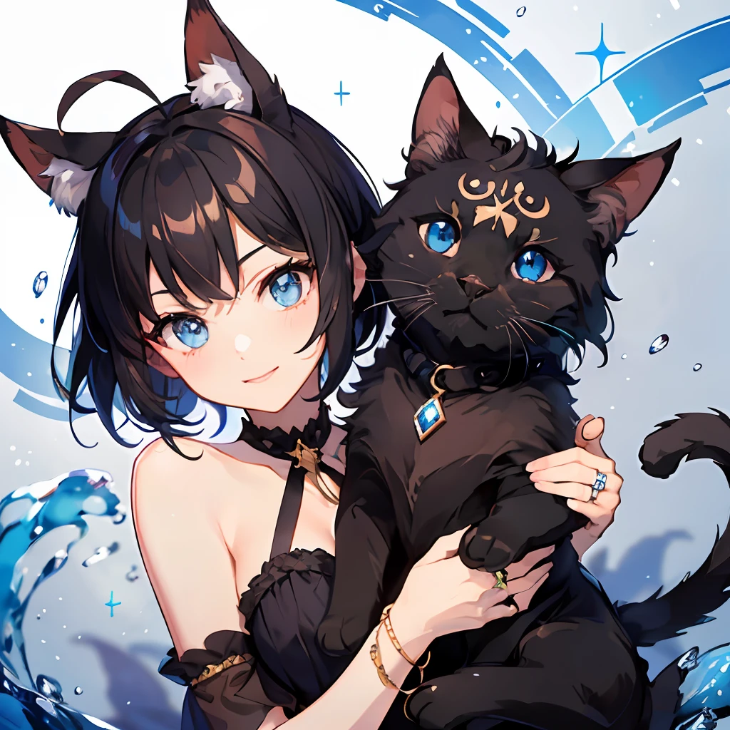 ((beste-Qualit))、((a masterpiece of))、((ultra-definition))、(illustratio)、(Fine light)、(Extremely delicate and beautiful)、(((独奏)))、1 girl in、(((beautiful a girl)))、opened mouth、a smile、(Black-haired), (Black cat ears), (Ahoge), (absurdly short hair), (Maeby Hair), (Blue eyes),Fashionable background、Ring on left ring finger、poneyTail、
