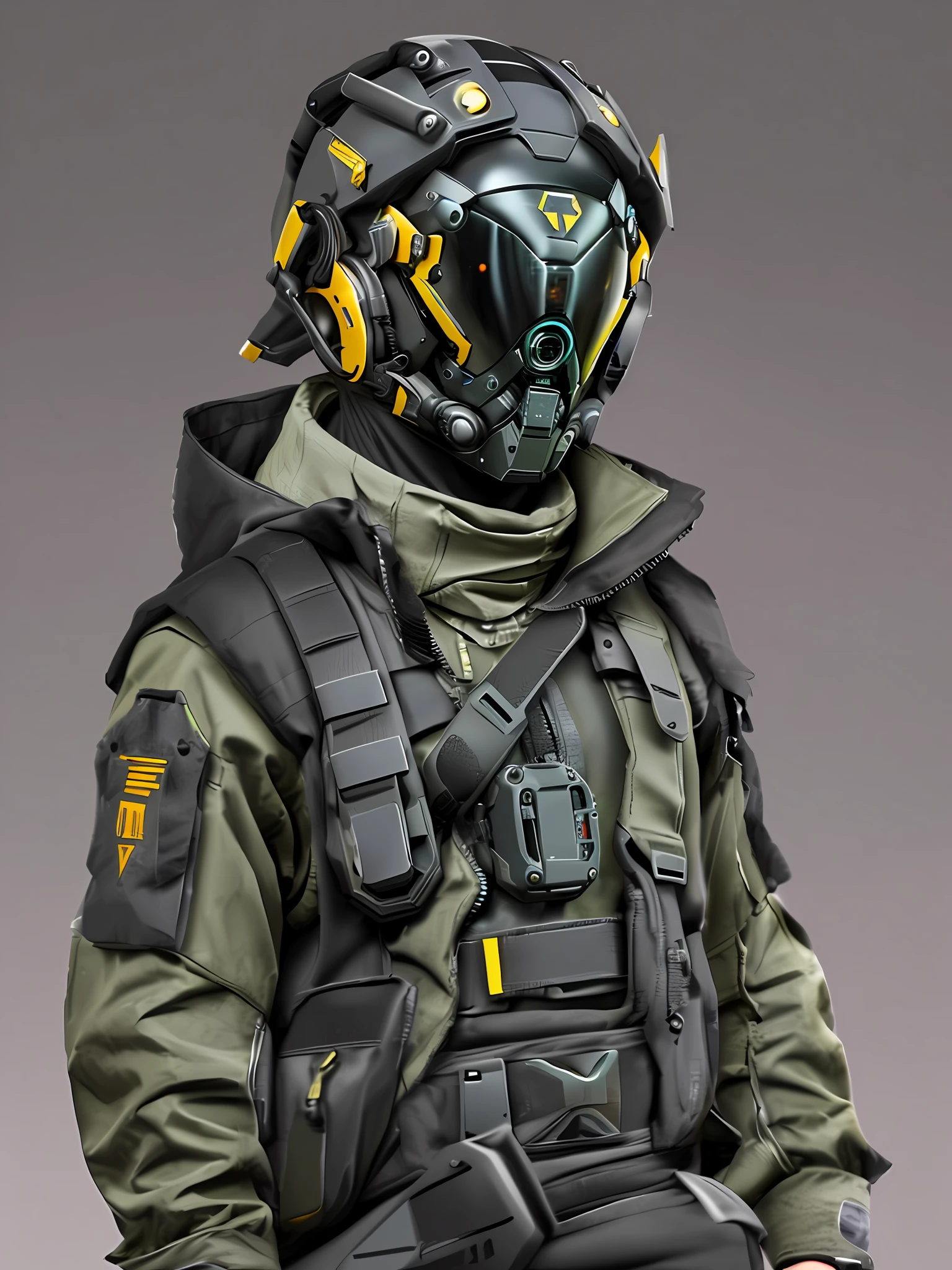 Un primer plano de una persona con una pistola y una chaqueta, Techwear Ocultista, Juguetes ThreeA, spec - ops head with mask, vestimenta: golpe, Vestido con chaleco antibalas negro, Uniforme blindado negro, brazos roboticos, cyborg, agressive, minimalisto, intrincate, dystopian sci-fi character, Techwear cyberpunk, Spec - Jefe de operaciones, Traje sigiloso, Vestido con una armadura furtiva, Soldado cyberpunk, b)