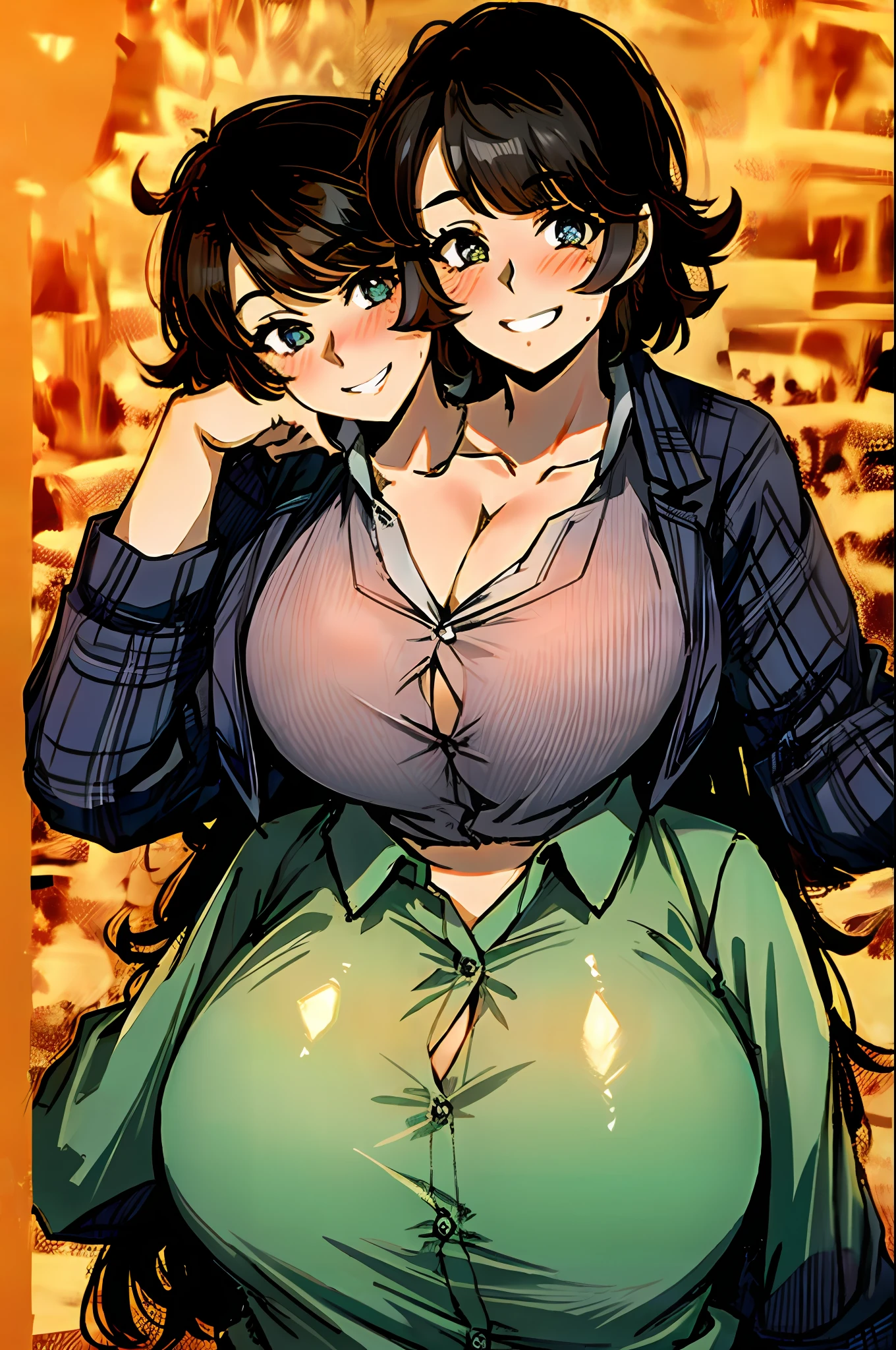 2heads, a chubby woman with 2 heads. She has enormous breasts. She is wearing a plaid pattern flannel shirt. She is smiling wide. She is blushing. She is very happy. Her breasts are immense. She has messy amber hair. She has huge breasts.