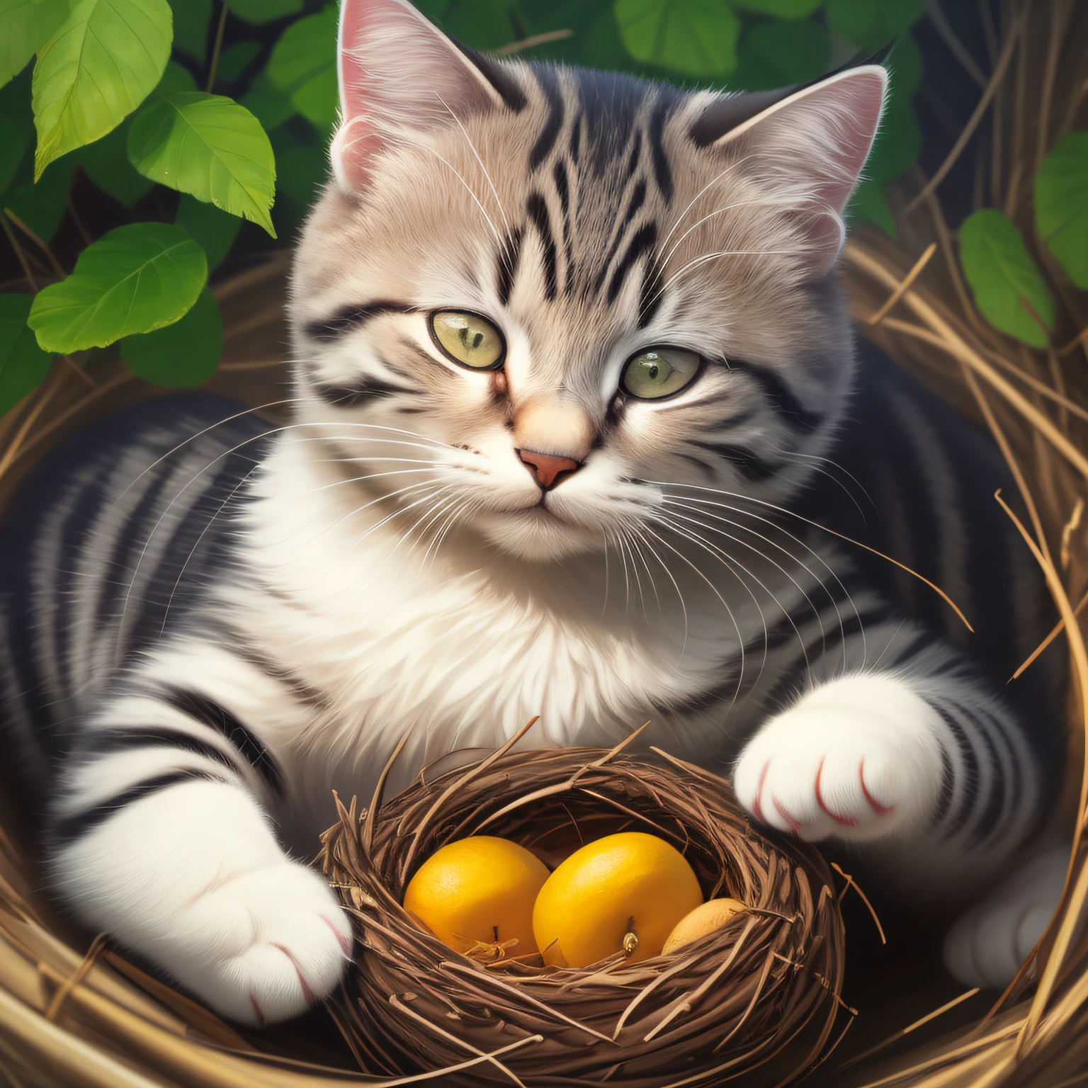 Gatinho siberiano cinza e branco, kitten sleeping in a bird's nest, summer in Japan, Failure to draw eyes is unacceptable, ultra hd 8k, retrato de arte conceitual por Greg Rutkowski, artgerm, hiperdetalhado, intrincadamente detalhado, Triadic-Colors, terrific, detalhe intrincado, tela inicial, cor complementar, 8k resolution, oilpainting, heavy strokes, soft ilumination, fotografia de filme, fotografia, grain of film,  hiper-realismo,