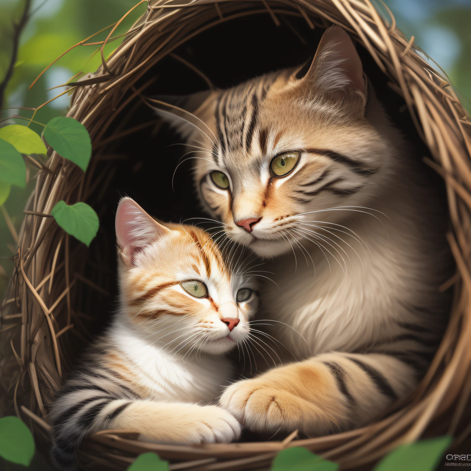 Gatinho siberiano cinza e branco, kitten sleeping in a bird's nest, summer in Japan, Failure to draw eyes is unacceptable, ultra hd 8k, retrato de arte conceitual por Greg Rutkowski, artgerm, hiperdetalhado, intrincadamente detalhado, Triadic-Colors, terrific, detalhe intrincado, tela inicial, cor complementar, 8k resolution, oilpainting, heavy strokes, soft ilumination, fotografia de filme, fotografia, grain of film,  hiper-realismo,