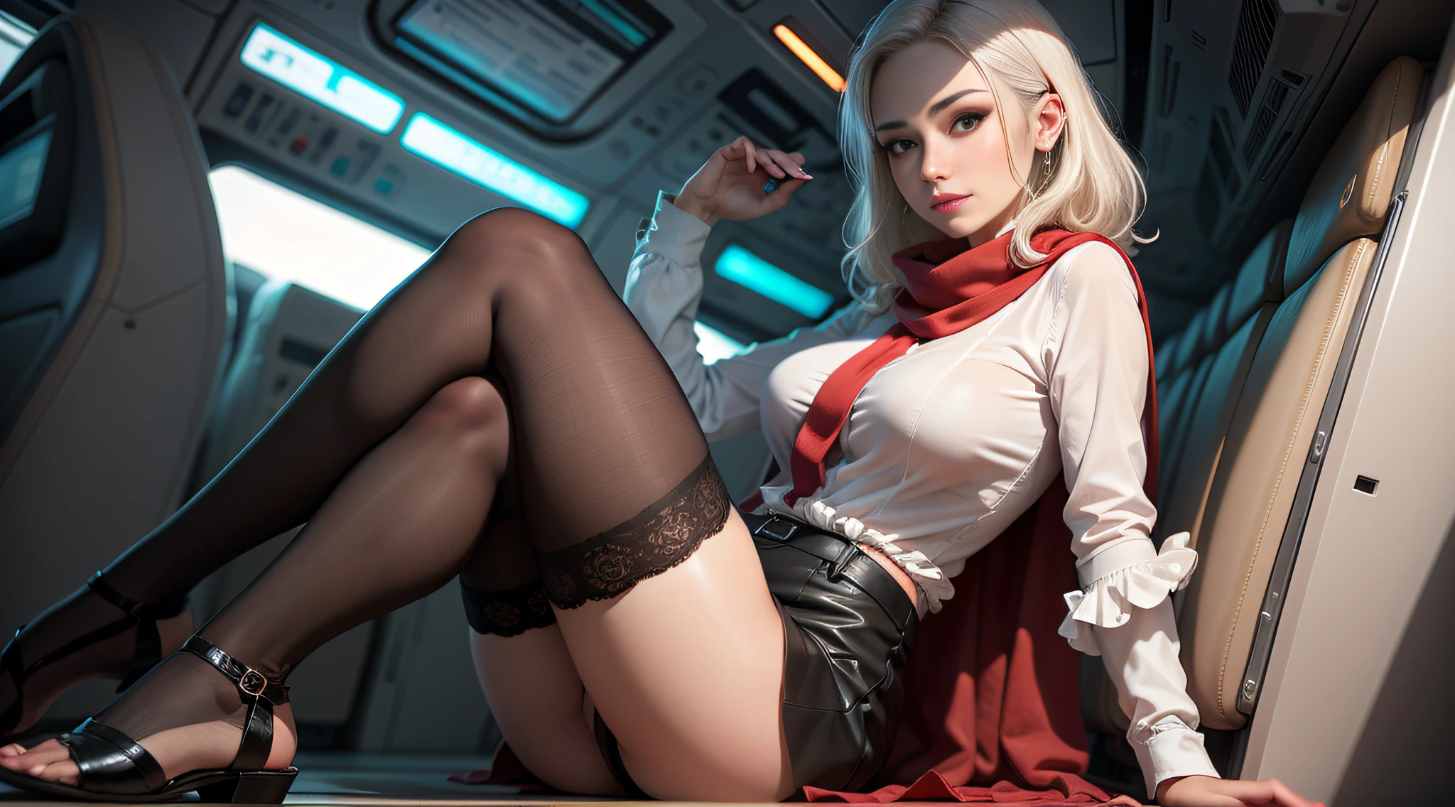 巨作 、 Best quality, （Realistic medium breasts, of a real：1.2）1 23-year-old beautiful woman, Super sexy，Delicate, Beautiful,sexy for， Delicate eyes, Delicate, Beautiful and delicate face, Devil figure, Ultra-realistic fingers, Ultra-realistic legs, Show off even, Slender legs, Super white skin, （verybeautifuleyes，Very sexy face，Super sexy face：1.45），（Beautiful sitting：1.25）, （Light flight attendant uniform, Manteau, lifiting shirt, Silk scarf, Silver square stud earrings, Ruffle skirt, Black stockings cover the legs, Crystal heels：1.2）, （Single full-body photo：1.2）, （Heavenly, Aircraft cabin, Empty：1.2）, （the night, It was dawn：1.2）, [[Bare chest]], gray hairs, Asymmetrical hair, Colored Contact Lenses, raised eye brows,双眼皮，wide-eyed,  Light smile, Blush, Parting lips, Closed mouth, Light blush, Modern, Depth of field, Ultra-wide angle, 16k