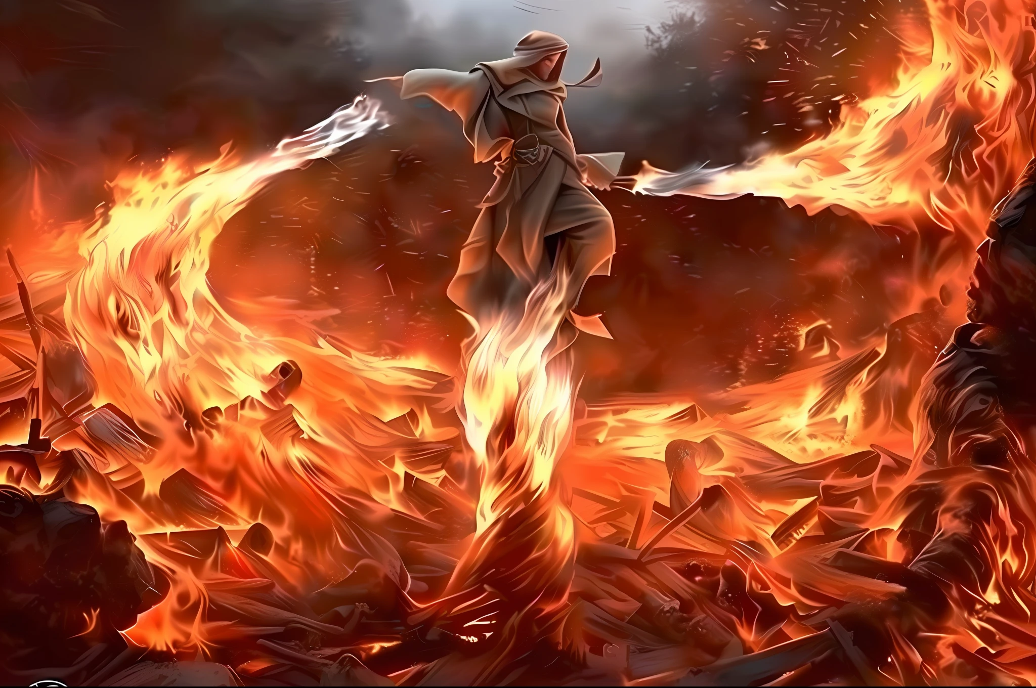 a painting of a woman in a long dress standing in a fire, holy flame spell, holy fire spell art, Dobra de fogo, mago de fogo, no plano elementar do fogo, casting fire spell, flame spell, fire spell, tornado de fogo, Piromancer, saindo das chamas, empunhando fogo, Monges!!!!!!!!! fire, poderes de fogo fogo rodopiando