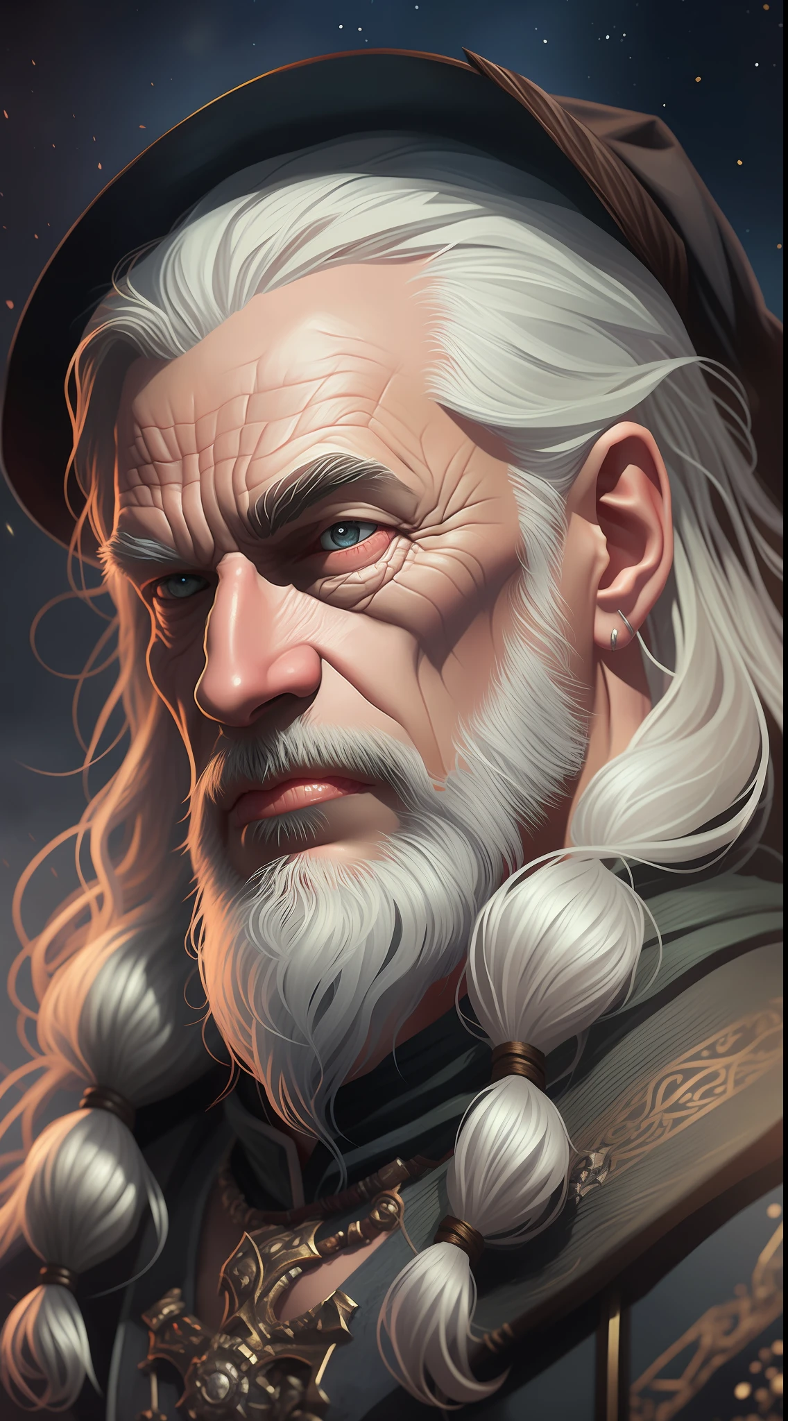 there is a man with long hair and a hat on, Wojtek FUS, retrato de arte conceito de fantasia, arte de personagem impressionante, Epic portrait illustration, retrato do personagem da fantasia, Retrato CGSetivity, Trend at Artstation headquarters, retrato detalhado do caractere, RPG retrato arte conceitual, arte do retrato do personagem, retrato da arte do personagem, arte de fantasia digital 2d detalhada, trending on ArtStation:3