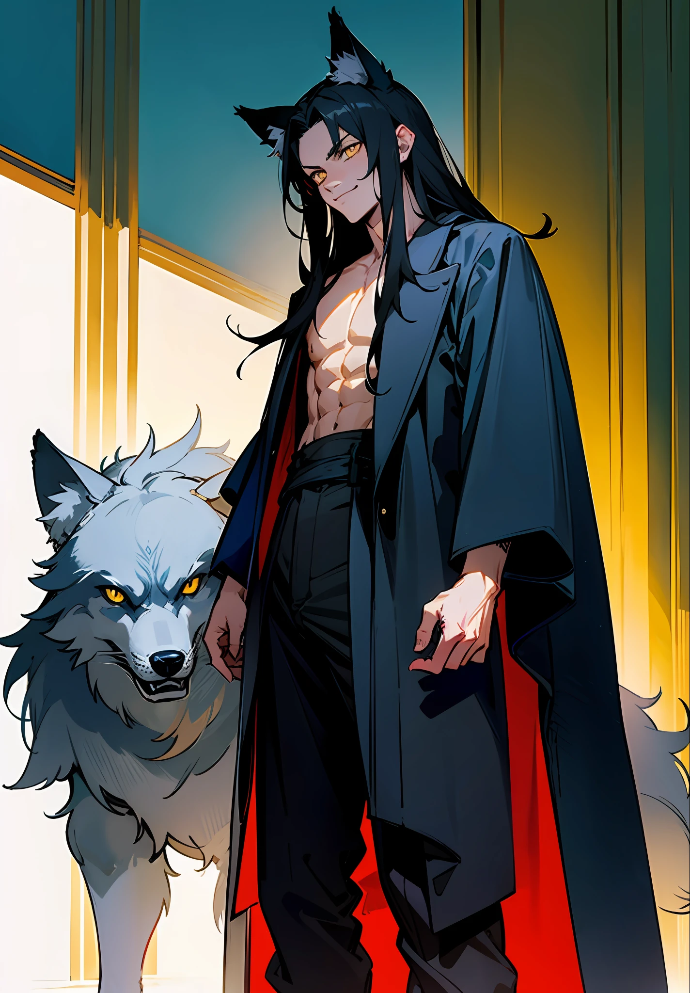 (medium portrait:0.7), (best illumination:1.1), (long black hair:1.1), (yellow eyes:1.1), (wolf ears:1.1), 1boy, teen boy, charming, serious smile, topless with an indigo coat, standing in the middle of a palace, (canine tooth:0.4)