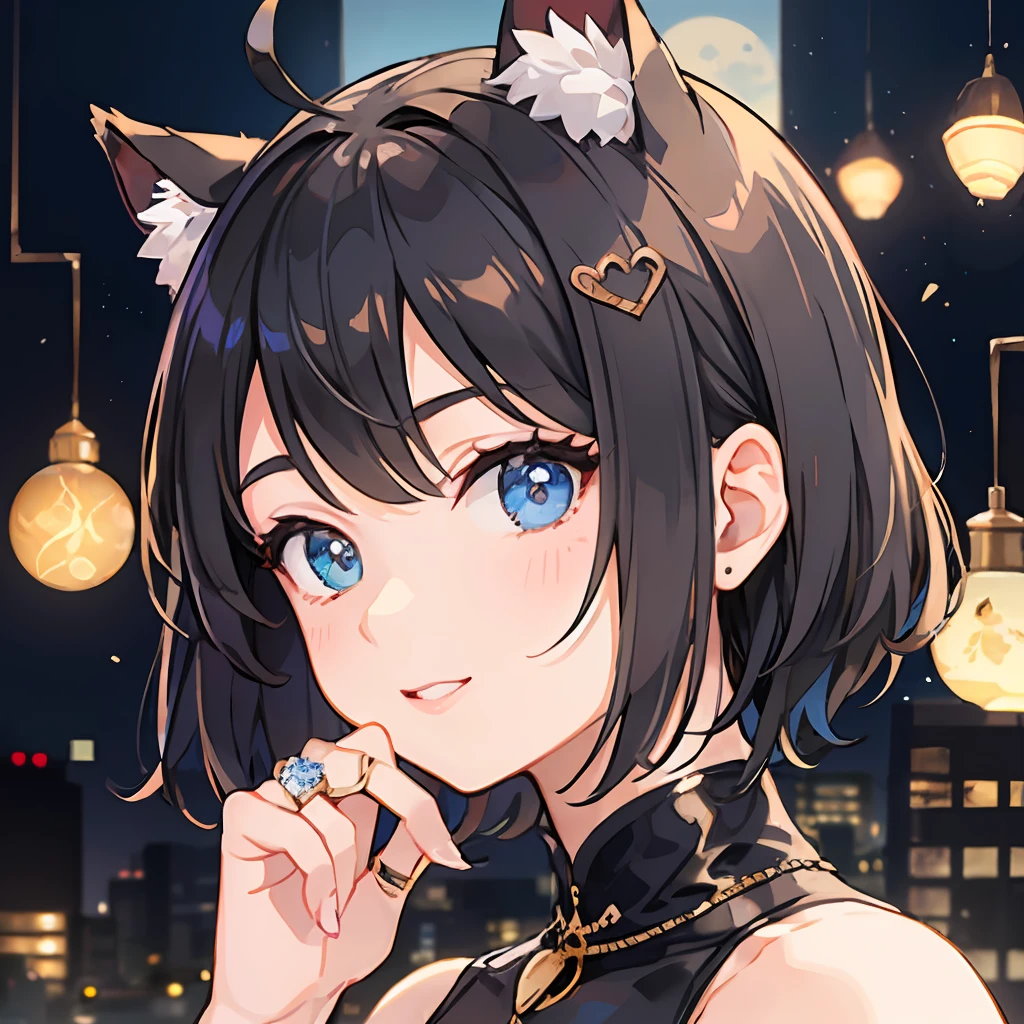 ((beste-Qualit))、((a masterpiece of))、((ultra-definition))、(illustratio)、(Fine light)、(Extremely delicate and beautiful)、(((独奏)))、1 girl in、(((beautiful a girl)))、opened mouth、a smile、(Black-haired), (Black cat ears), (Ahoge), (absurdly short hair), (Maeby Hair), (Blue eyes),Fashionable background、Ring on left ring finger、
