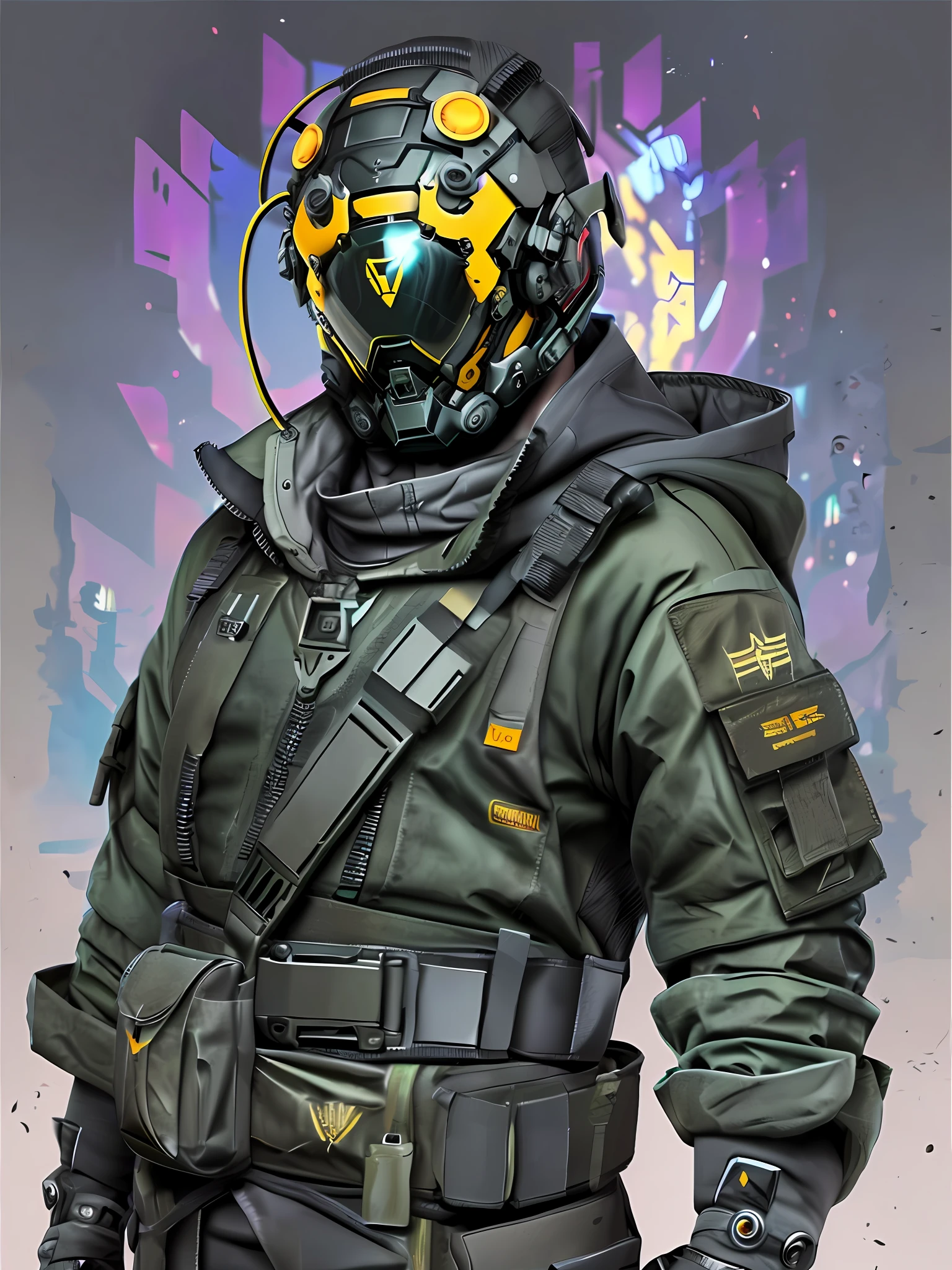Un primer plano de una persona con una pistola y una chaqueta, Techwear Ocultista, Juguetes ThreeA, spec - ops head with mask, vestimenta: golpe, Vestido con chaleco antibalas negro, Uniforme blindado negro, brazos roboticos, cyborg, agressive, minimalisto, intrincate, dystopian sci-fi character, Techwear cyberpunk, Spec - Jefe de operaciones, Traje sigiloso, Vestido con una armadura furtiva, Soldado cyberpunk, b)