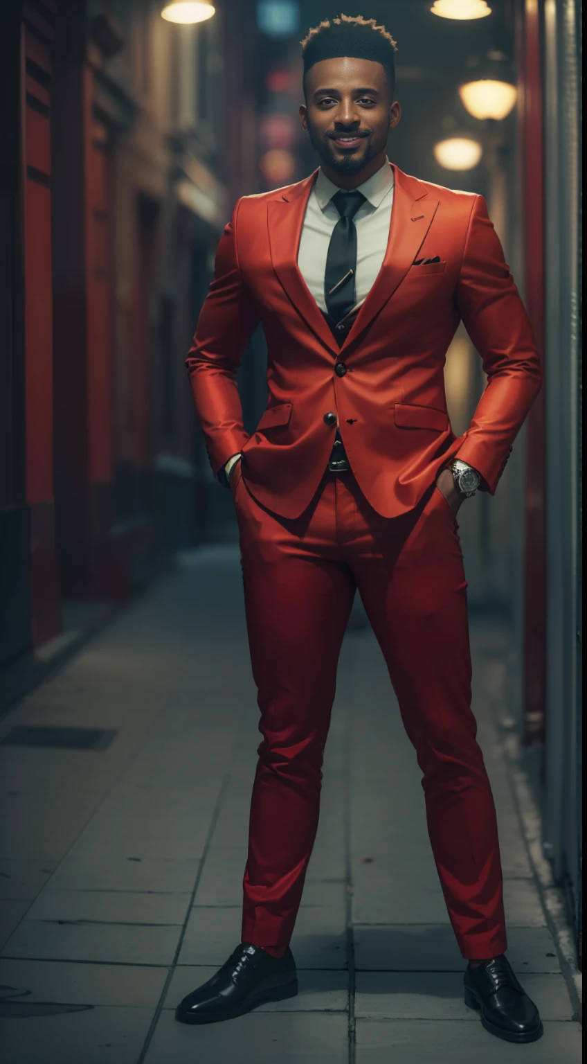 ( 
    (Character: one Nigerian man, 30 years old, Diplomat, big smile)
    (Clothing: red fine suit, vest)
    (Pose: full body shot:1.7, with a pocket watch)
    (Background: dark alley at night:1.3, intense urban lights in background, red color scheme) 
    (Style: ((masterpiece:1.5)), (face detailed), photo-realistic:1.3, hyperrealistic, film grain, realistic lighting, backlighting:1.3)
)