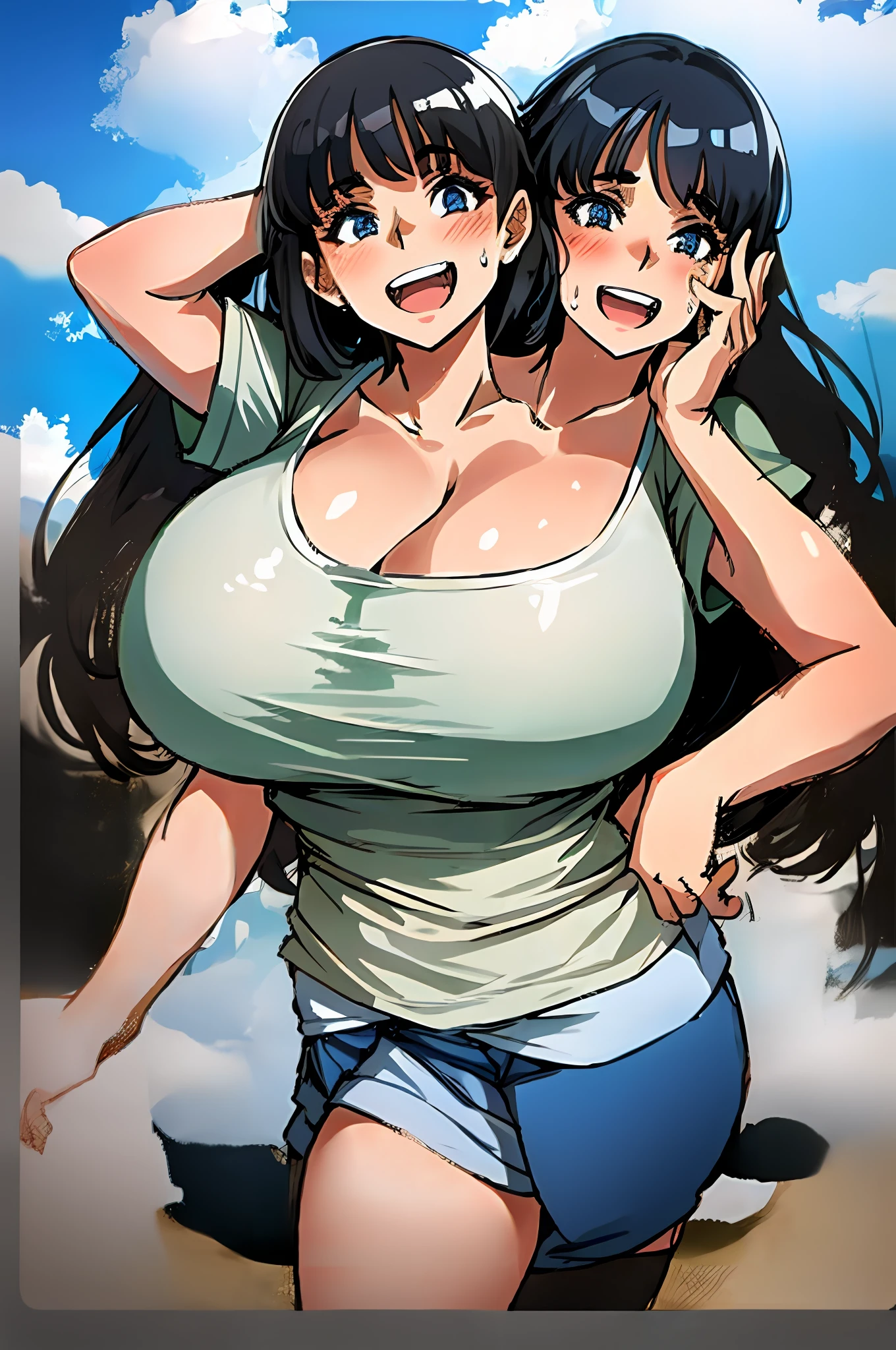 2heads, a short chubby woman with 2 heads. She has enormous breasts. She is at a beach. She is wearing a white t-shirt and booty shorts. She is getting splashed with water. She has gigantic breasts. Her shirt is wet from water and transparent. She is laughing out loud. She is wet. She has gigantic breasts.