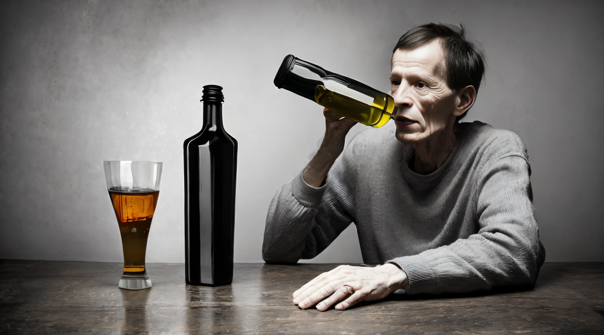 An extremely thin and poor drunk man with bottle of liquor in his hand