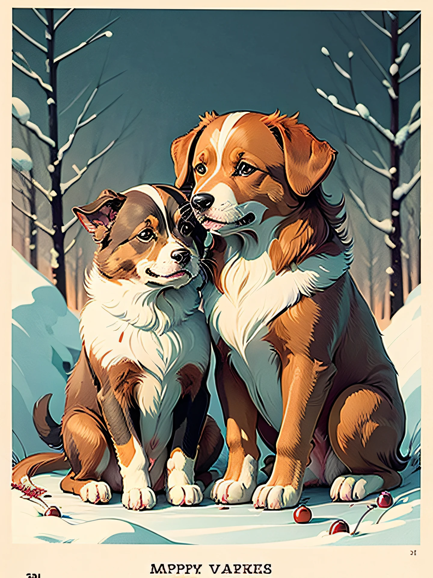 comic book! puppy! winter scene, --no anime!! --no anime!!! vintage, antique, illustrated Christmas card, image centered inside wide border around all four sides, vertical rectangle, drawn vertically, in the style of Kate Greenaway!, extra highly detailed drawing, simple, flat!, vector art!--no shadows, illustration! red, green, brown, --auto