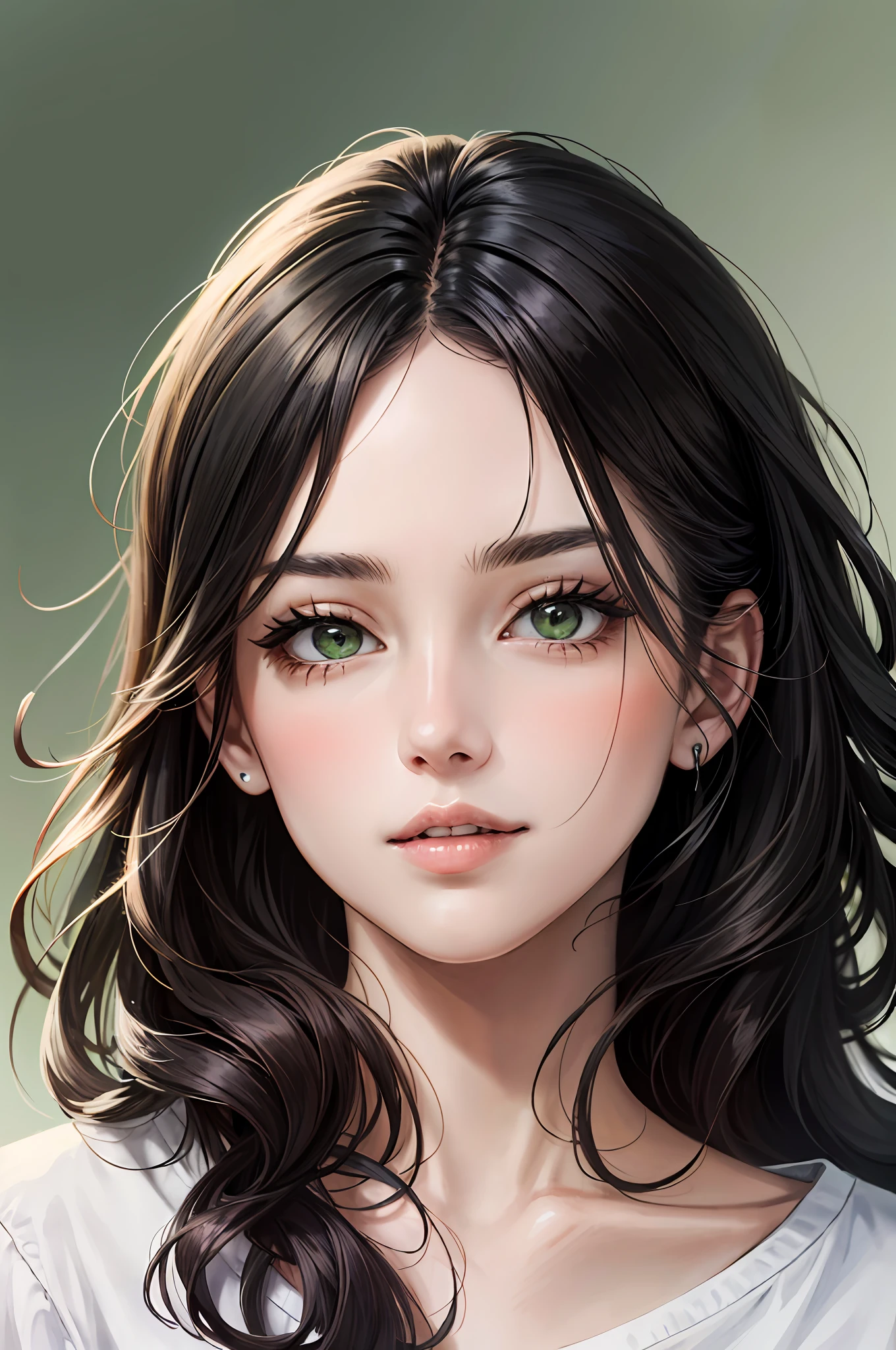 (highly quality, Masterpiece, absurdres), Portrait of a Young Woman, dark hair, Wavy Hair, length hair, thin eyebrows, beatiful face, Green eyes, slight smile, long dark eyelashes, plump beautiful lips, female focus, Casual clothing, Detailed Face, Simple background,