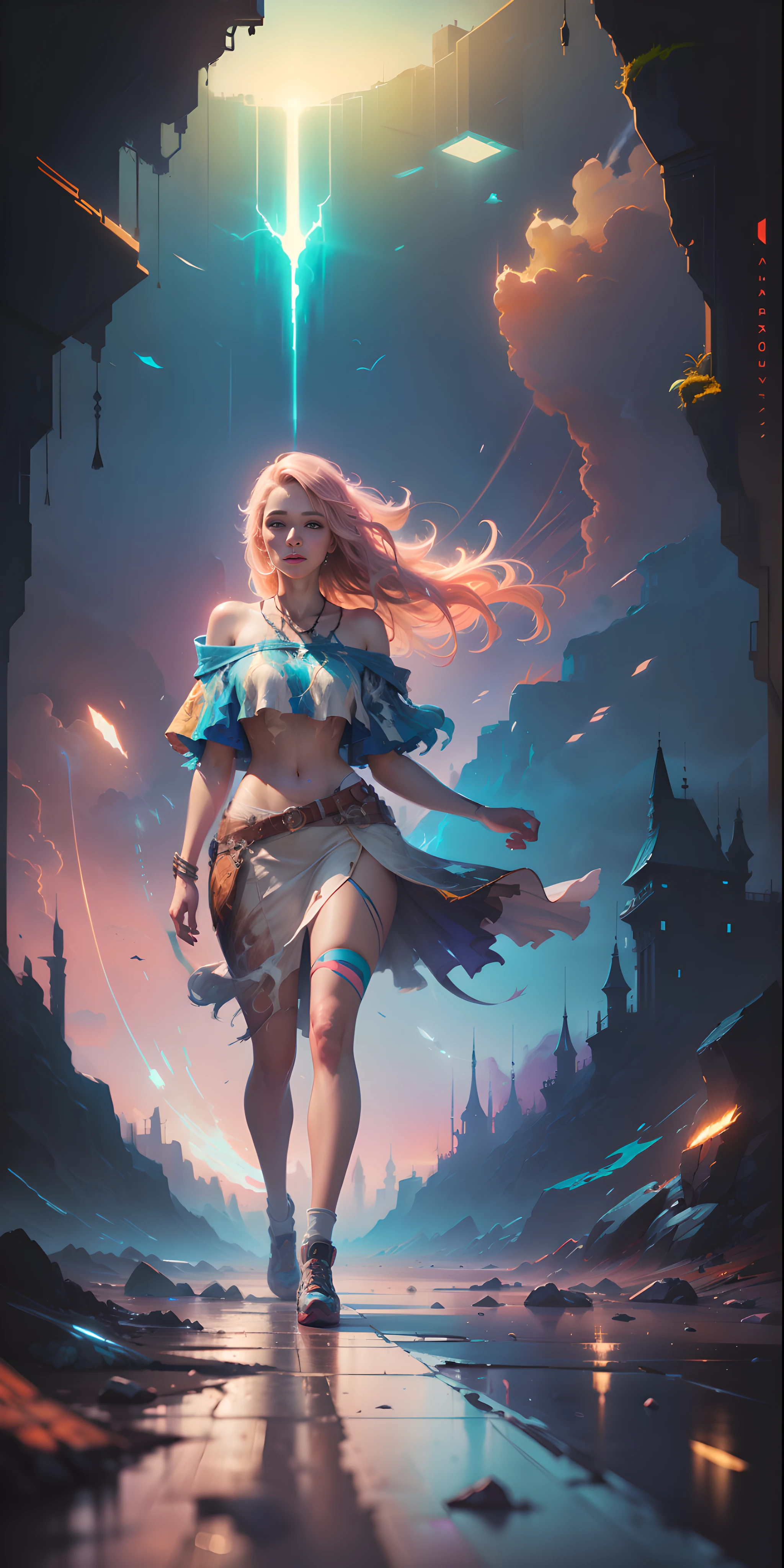 a gorgeous girl standing on sand wind in the hair, full length body shot,(((ultra warm bright pastel colors))), orange pink white colors, sharp focus, lut, ultra insane high resolution intricate textures, texture indentation, (((((Charlie Bowater, art by Alena Aenami, art by Albert Bierstadt, art by Carne Griffiths))))), luminism, light placement art, octane render, ultra intricately detailed, ultra maximalism, romanticism