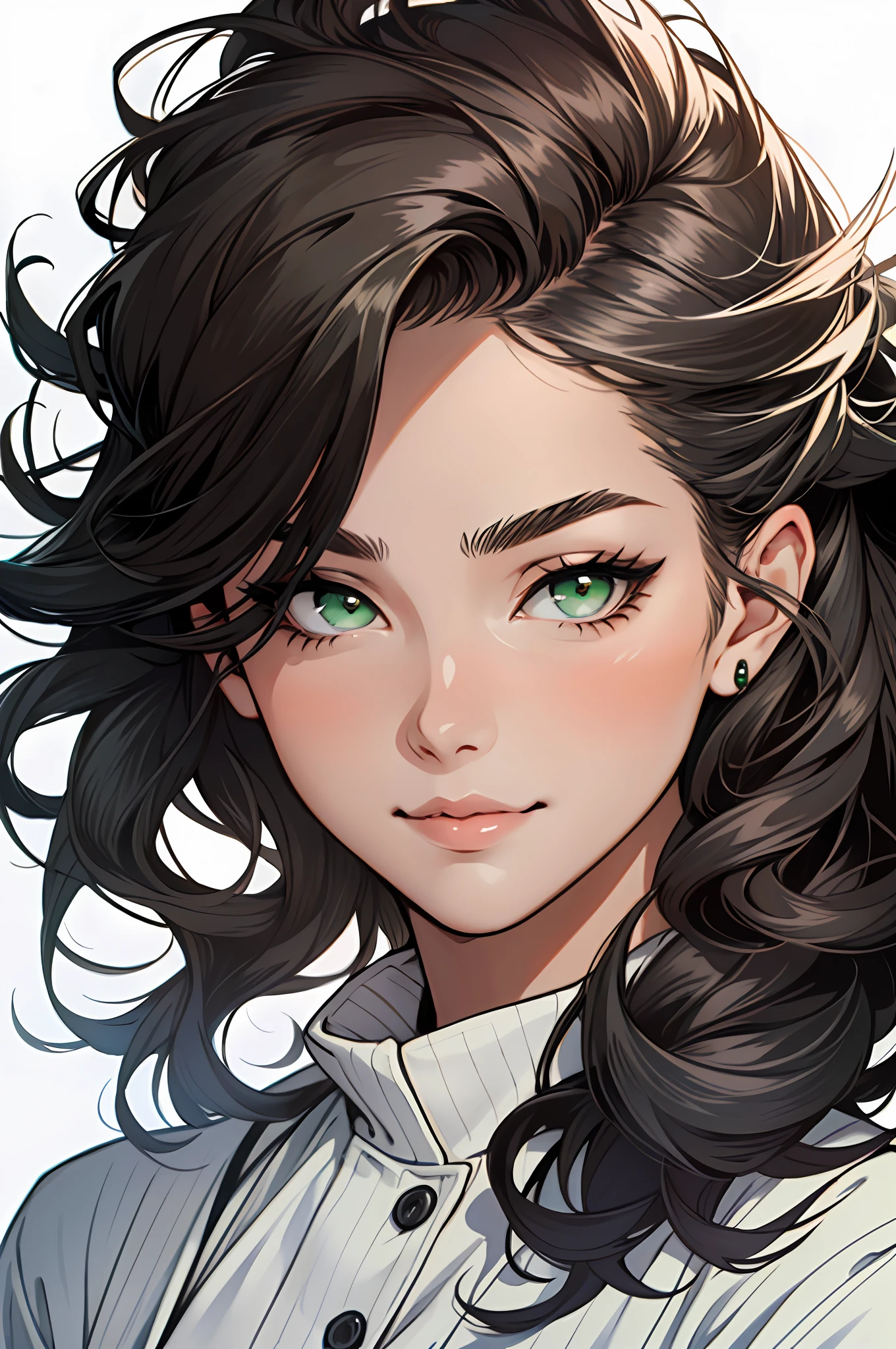 (highly quality, Masterpiece, absurdres), Portrait of a Young Woman, dark hair, Wavy Hair, length hair, thin eyebrows, beatiful face, Green eyes, slight smile, long dark eyelashes, plump beautiful lips, female focus, Casual clothing, Detailed Face, Simple background,