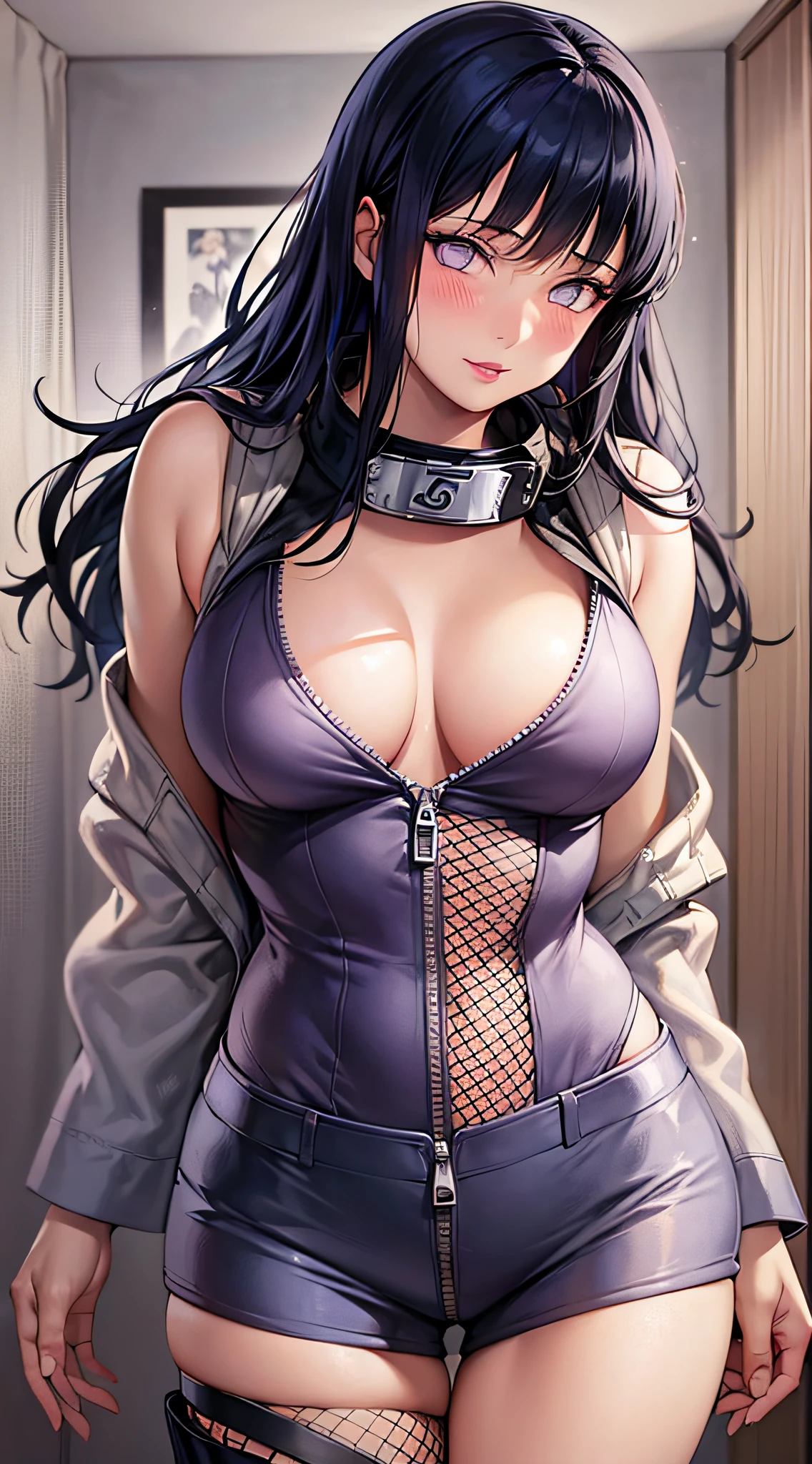 Masterpiece, High definition, high quality, detailed face, detailed body rendering, 1girl, solo, Hinata Hinata, Hinata sleeveless clothing,room,, sleeveless shirt,( fishnet garment), dark lips, unzipper jacket, no bra, breasts out, standing, blush, (in bedroom)