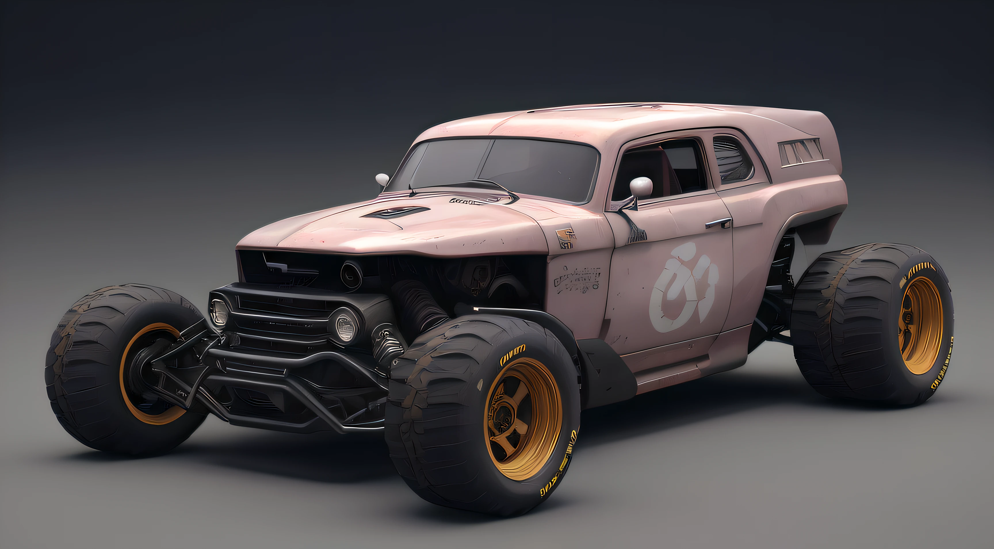(((low-slung tuned futuristic cyberpunk mate brown badass rat rod zeekar))) hotrod, at the parking lot, wide tires, mad max style, muscle car, (chevy camaro) z28, ((1car:1.3)), supercharger, white background, mate finish, dusty, mate simple paintjob, (muddy), 3d render, brown, smooth lines, smooth bodywork, monster truck, octane render, huge slick tires