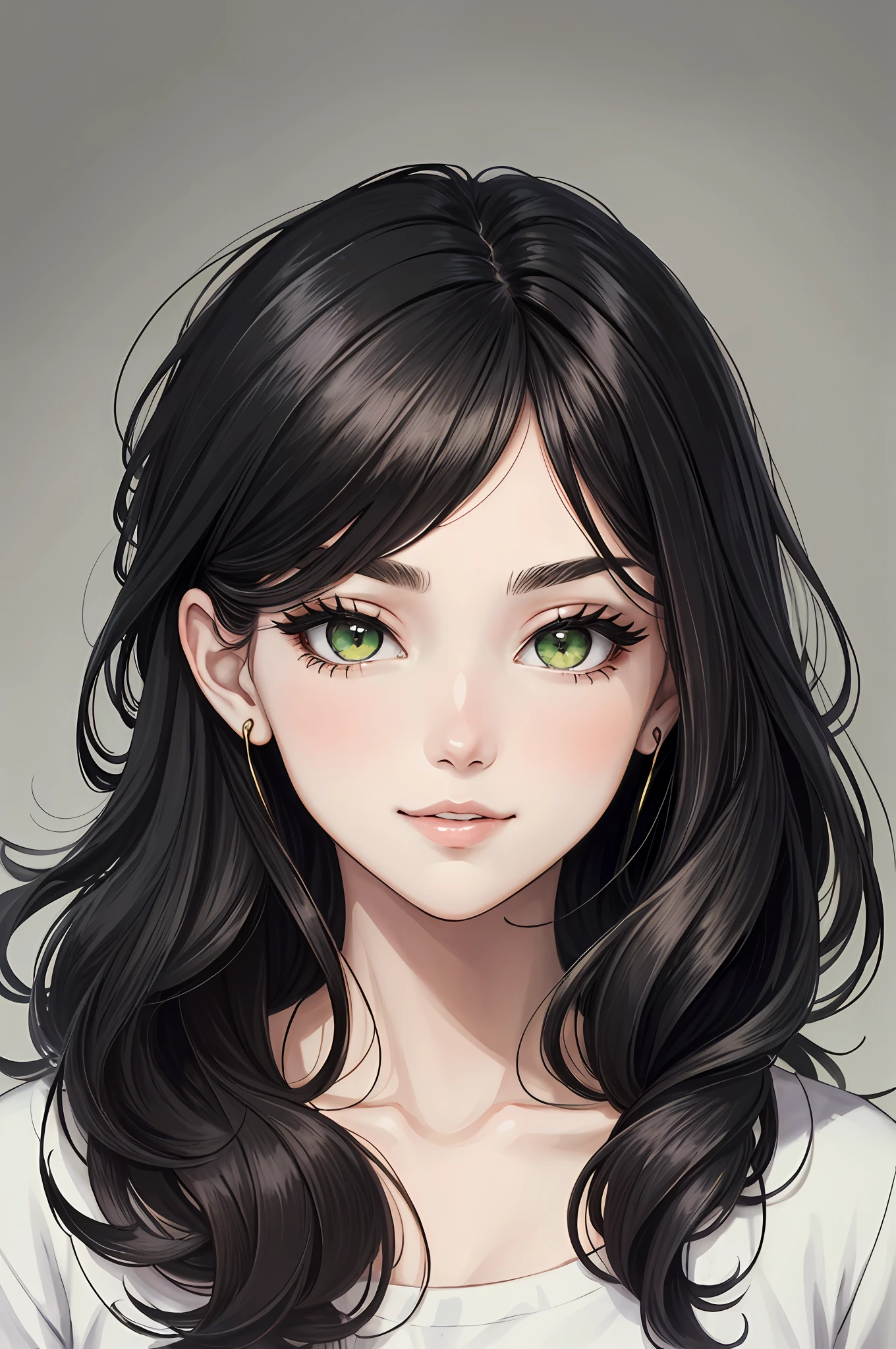 (highly quality, Masterpiece, absurdres), Portrait of a Young Woman, black  hair, Wavy Hair, length hair, thin eyebrows, beatiful face, Green eyes, slight smile, long dark eyelashes, plump beautiful lips, female focus, Casual clothing, Detailed Face, Simple background,