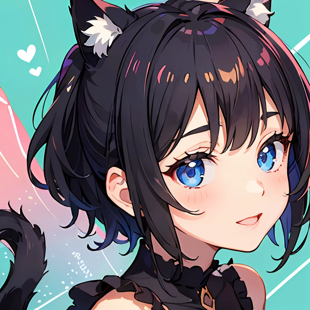 ((beste-Qualit))、((a masterpiece of))、((ultra-definition))、(illustratio)、(Fine light)、(Extremely delicate and beautiful)、(((独奏)))、1 girl in、(((beautiful a girl)))、opened mouth、a smile、(Black-haired), (Black cat ears), (Ahoge), (absurdly short hair), (Maeby Hair), (Blue eyes),Fashionable background、poneyTail、