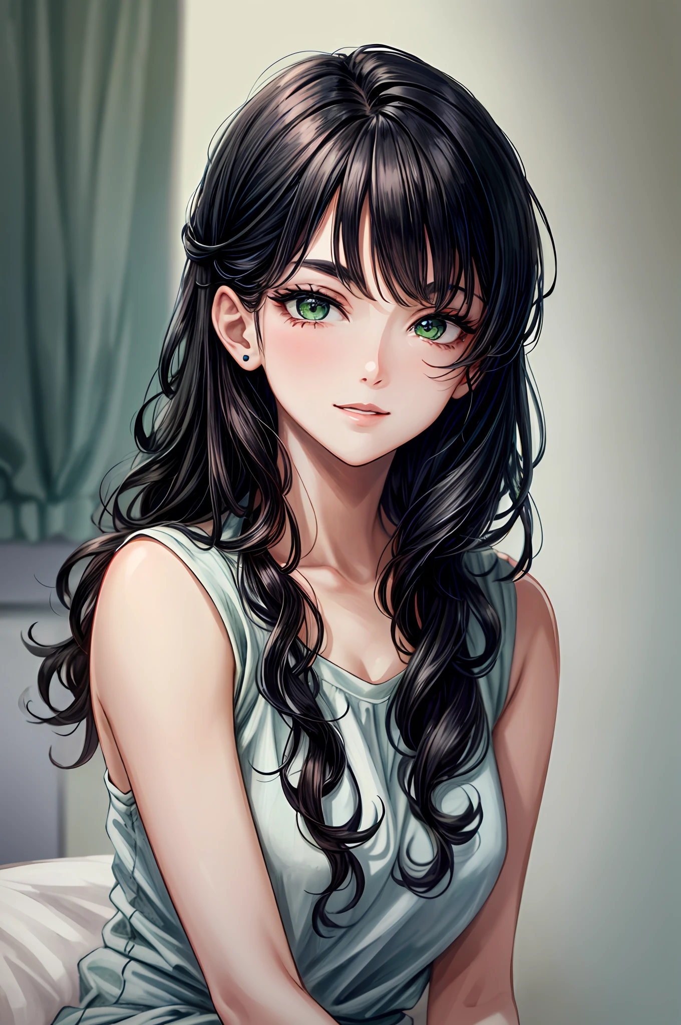 (highly quality, Masterpiece, absurdres), Portrait of a Young Woman, black hair, Wavy Hair, length hair, narrow eyebrows, beatiful face, Green eyes, slight smile, long dark eyelashes, plump beautiful lips, female focus, Casual clothing, Detailed Face, Simple background,