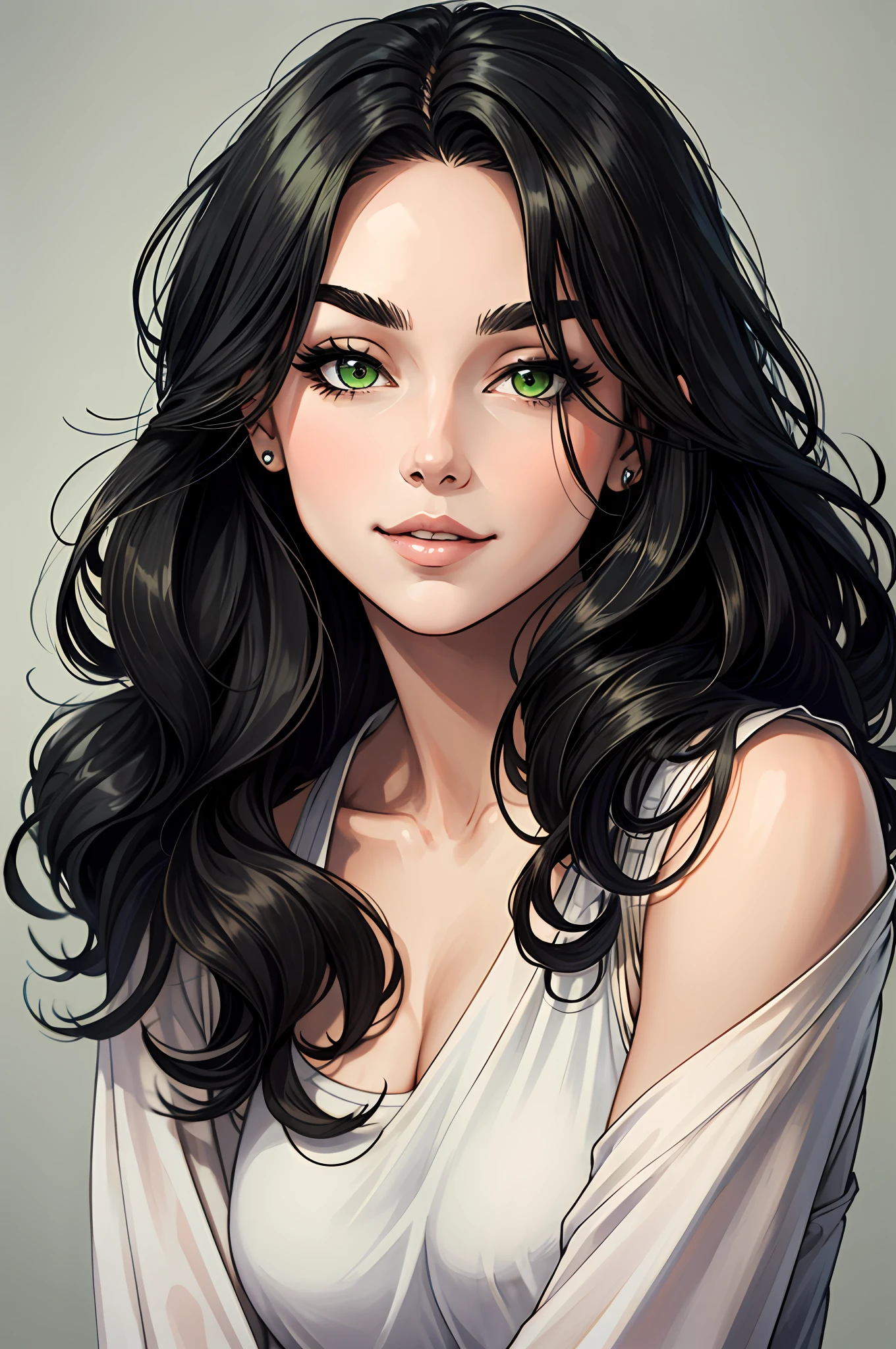 (highly quality, Masterpiece, absurdres), Portrait of a Young Woman, black  hair, Wavy Hair, length hair, narrow eyebrows, beatiful face, Green eyes, slight smile, long dark eyelashes, plump beautiful lips, female focus, Casual clothing, Detailed Face, Simple background,