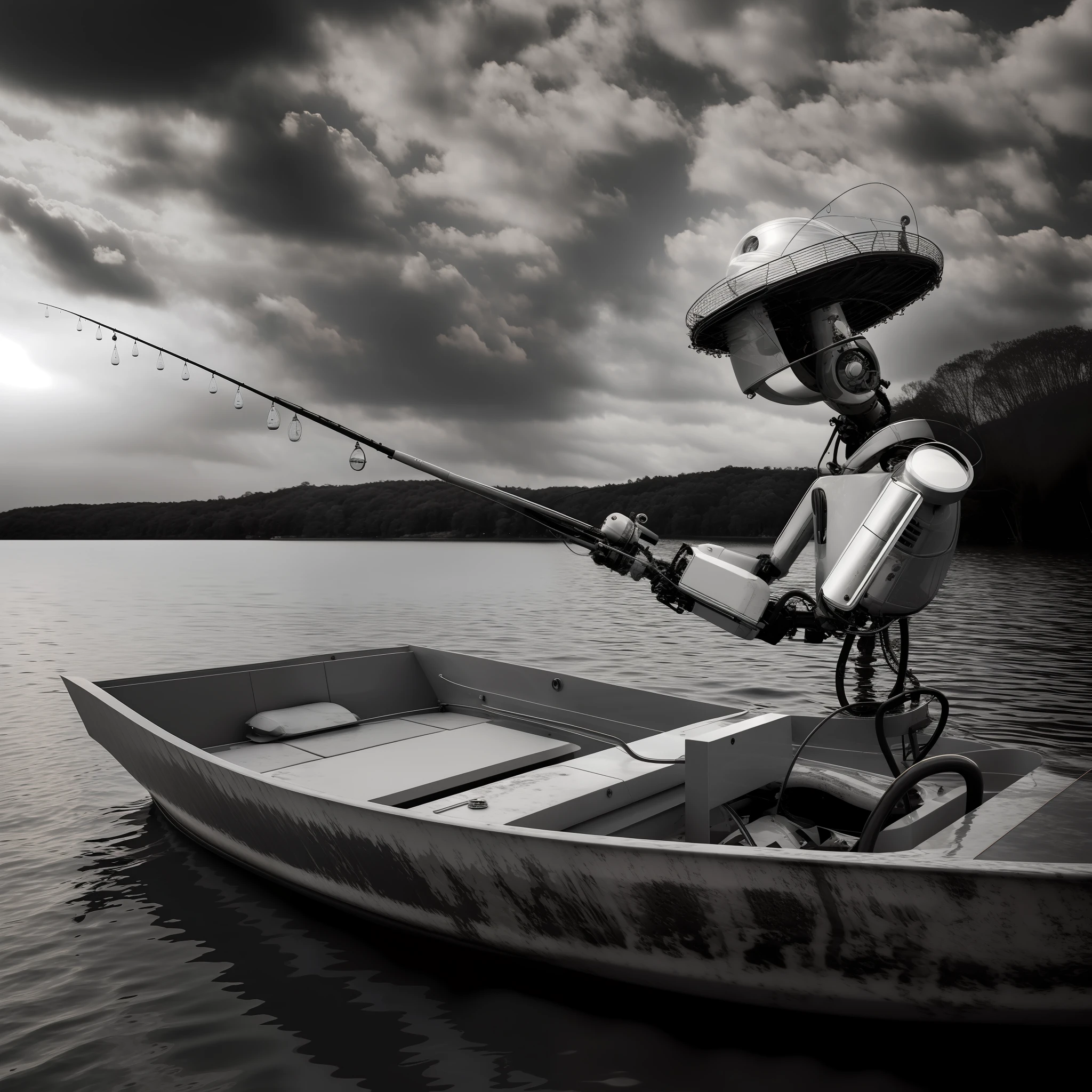 Arafed Robot Fishing em um barco em um lago, the robot has a fishing rod, robot photography, cena surreal, Pescador, Directed by: Grzegorz Domaradzki, Arte digital surrealista, Directed by: Zoltán Boros, pirate robot, Fotografia em destaque de hoje, Arte digital escura, mas detalhada, em um barco em um lago, arte digital surreal