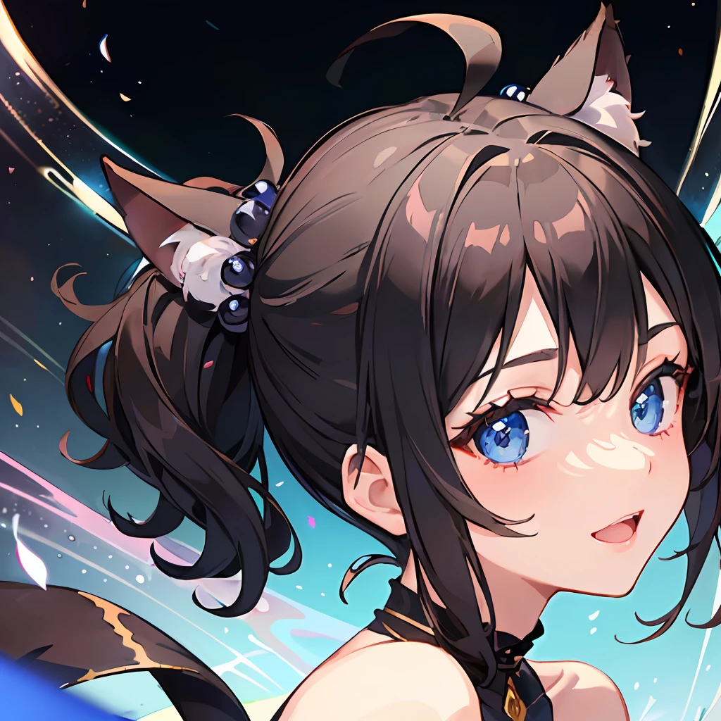 ((beste-Qualit))、((a masterpiece of))、((ultra-definition))、(illustratio)、(Fine light)、(Extremely delicate and beautiful)、(((独奏)))、1 girl in、(((beautiful a girl)))、opened mouth、a smile、(Black-haired), (Black cat ears), (Ahoge), (absurdly short hair), (Maeby Hair), (Blue eyes),Fashionable background、poneyTail、