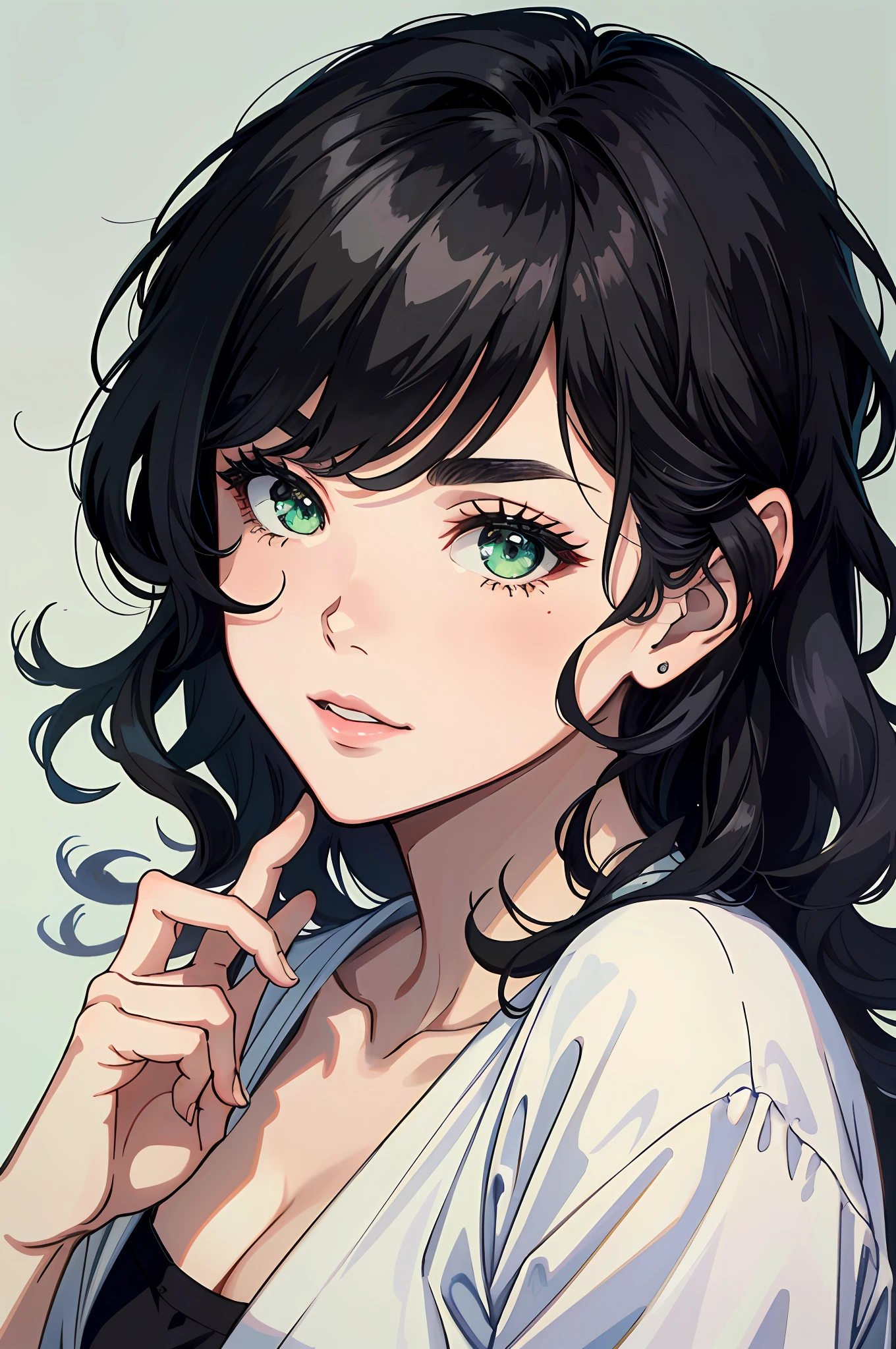 (highly quality, Masterpiece, absurdres), Portrait of a Young Woman, black hair, Wavy Hair, length hair, narrow eyebrows, beatiful face, Green eyes, slight smile, long dark eyelashes, plump beautiful lips, female focus, Casual clothing, Detailed Face, Simple background,
