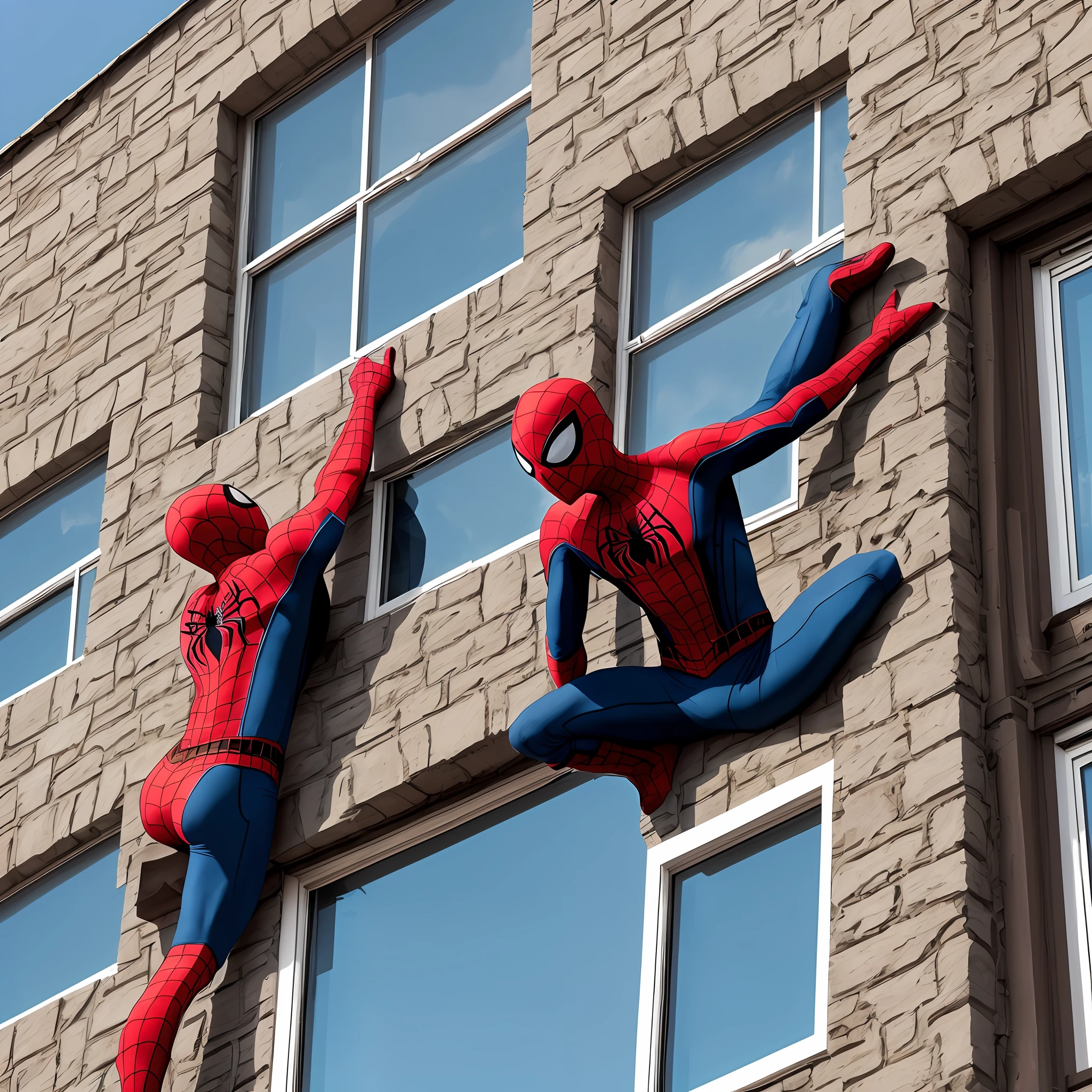 Spider-man climbing building wall in the United States of America wearing dressed with sunny sky at noon while a dog is stuck in the window of the building that is almost falling --auto