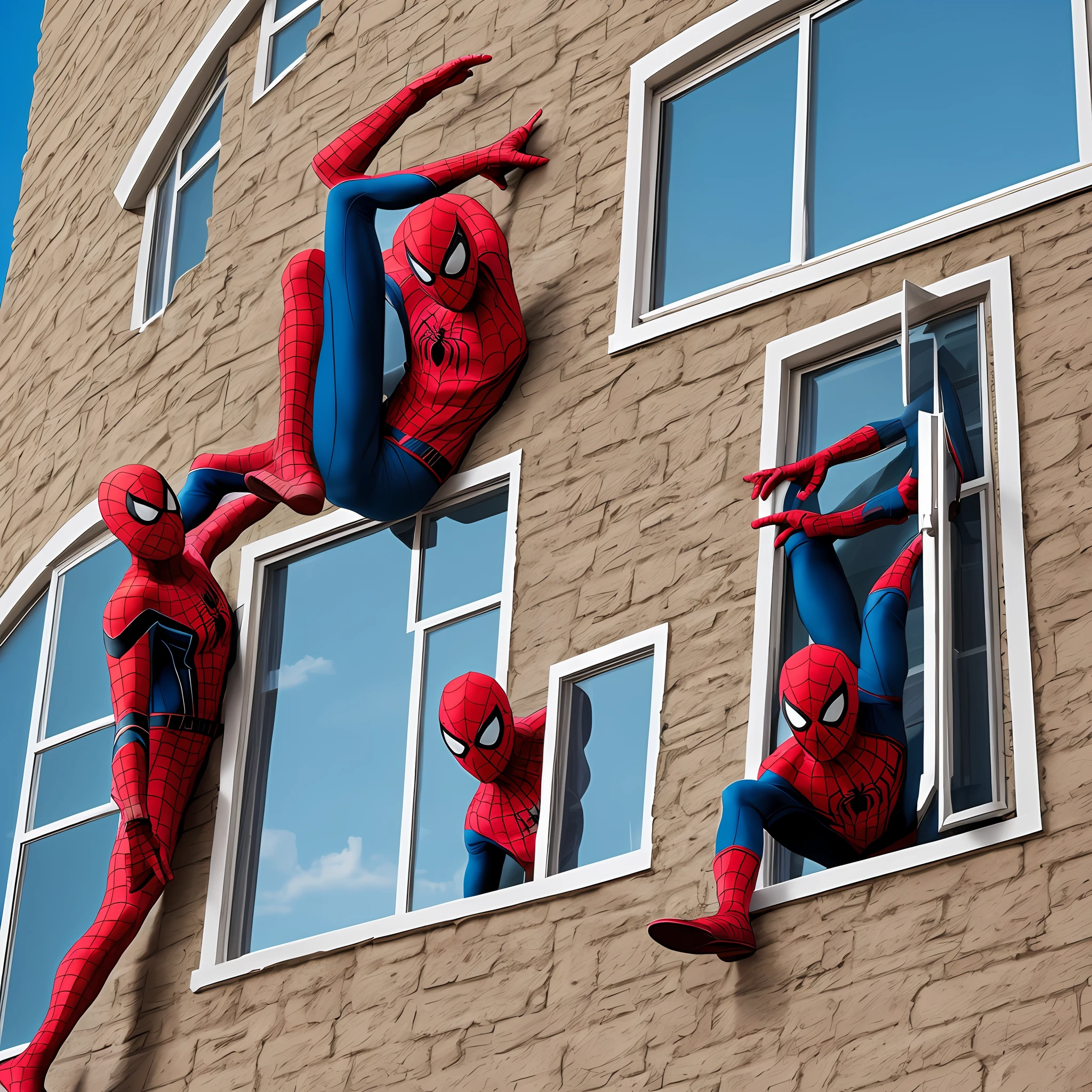 Spider-man climbing building wall in the United States of America wearing dressed with sunny sky at noon while a dog is stuck in the window of the building that is almost falling --auto