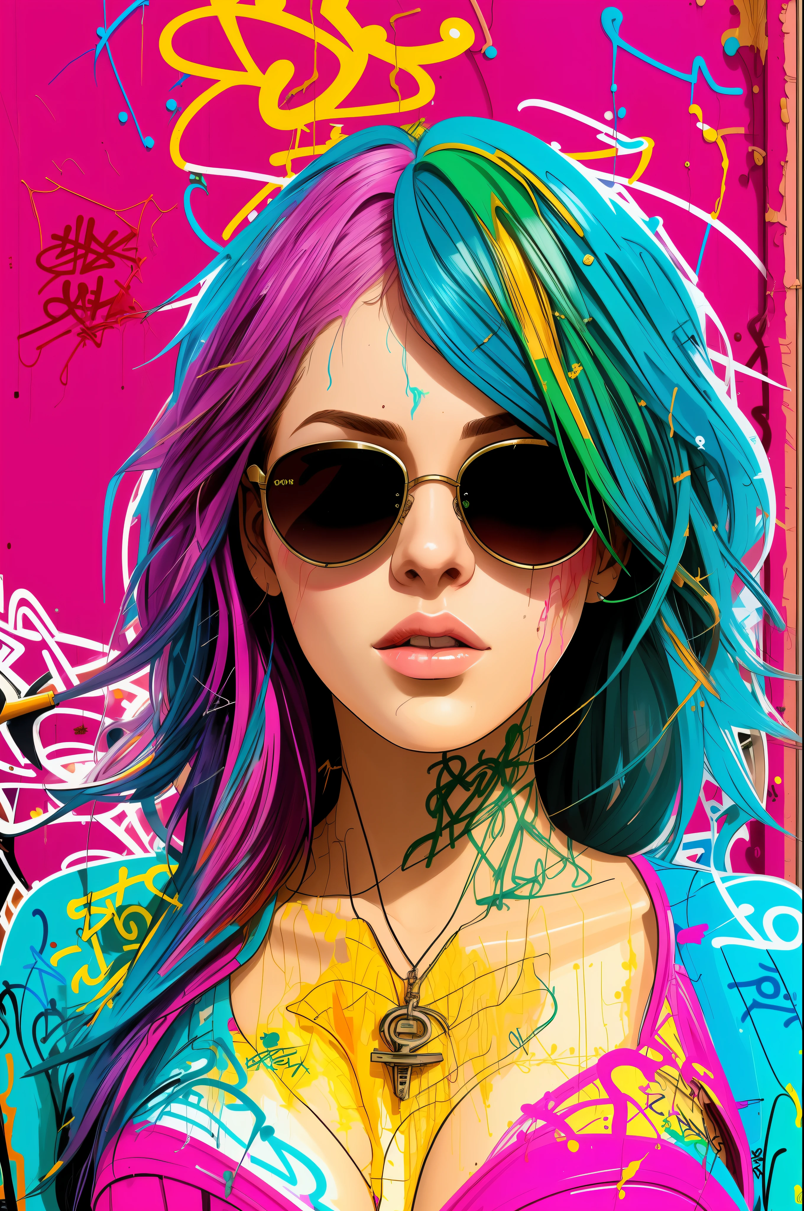 close up, full color painting of squatting cyberpunk girl, sunglasses, high heel shoes, perfect hourglass figure, perfect perky tits, (((Graffiti art) (by Carne Griffiths))), red wall background, insane details, intricate details, hyperdetailed, low contrast, soft cinematic light, dim colors, exposure blend, hdr, front
